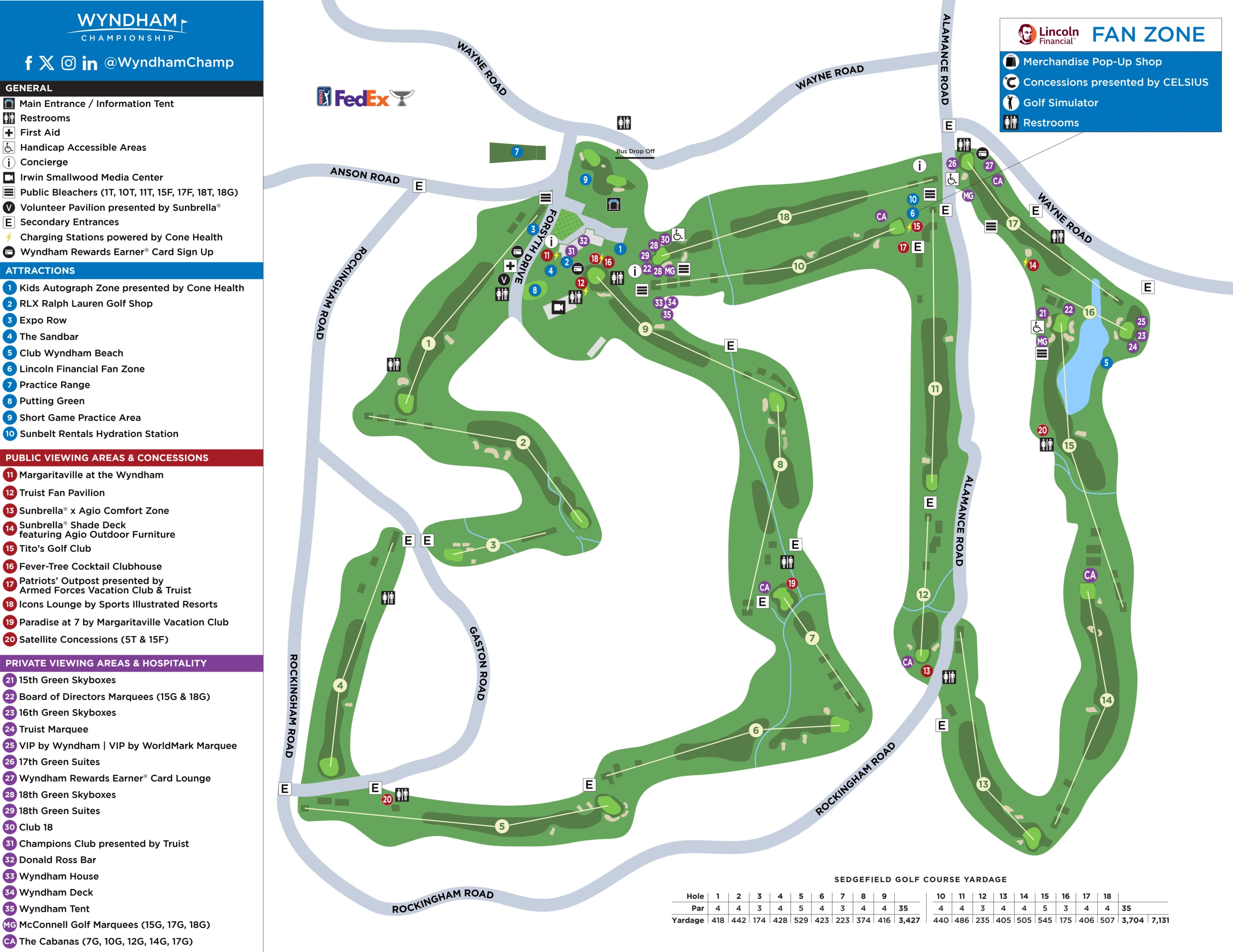 Sedgefield Country Club: Venue layout, August 2026 Wyndham Championship · Sedgefield spectator course map. Use the original map for routes and visitor facilities.