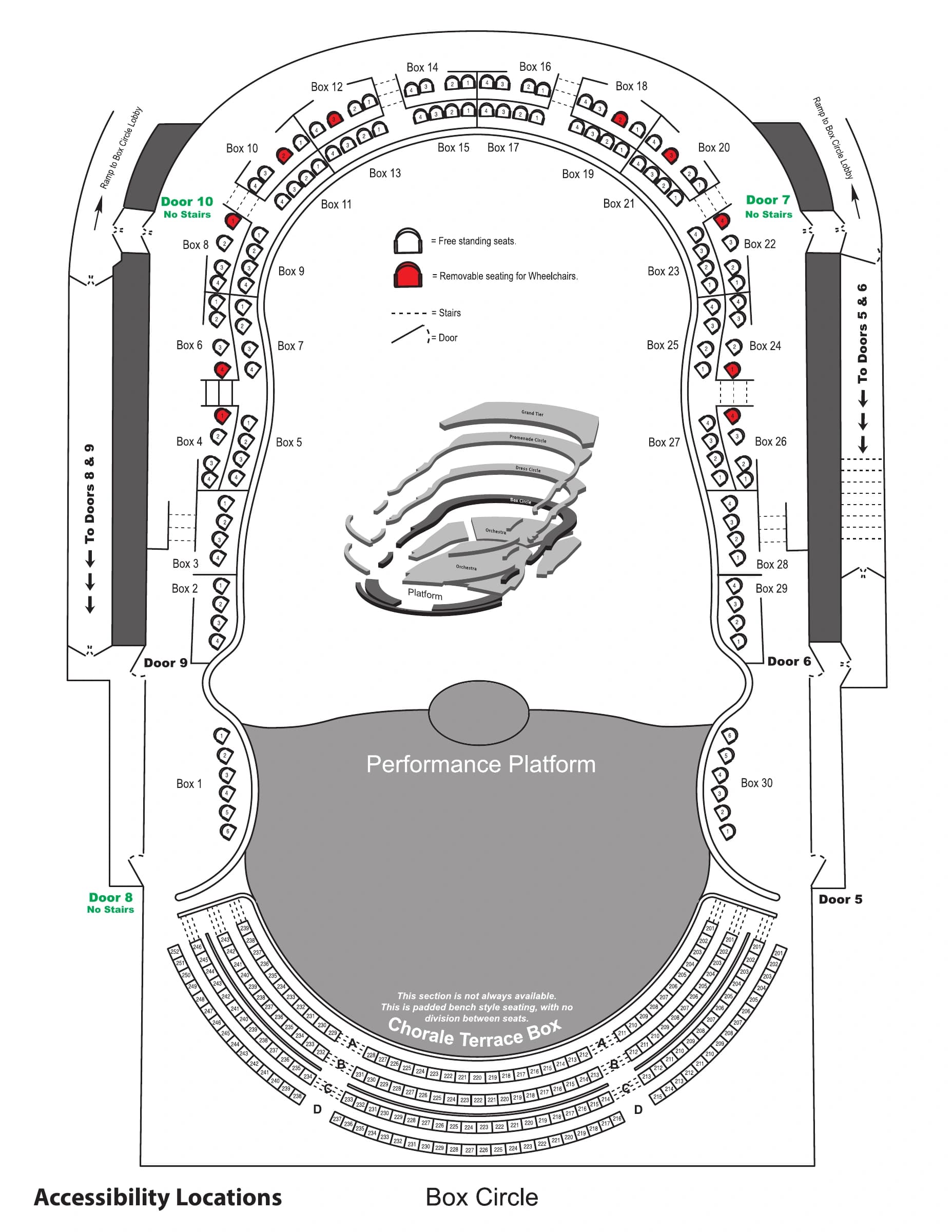 Segerstrom Center for the Arts: Seating chart, Renée and Henry Segerstrom Concert Hall · Box Circle and Chorale Terrace · older owner-linked access chart. Use the source chart for section and row details.