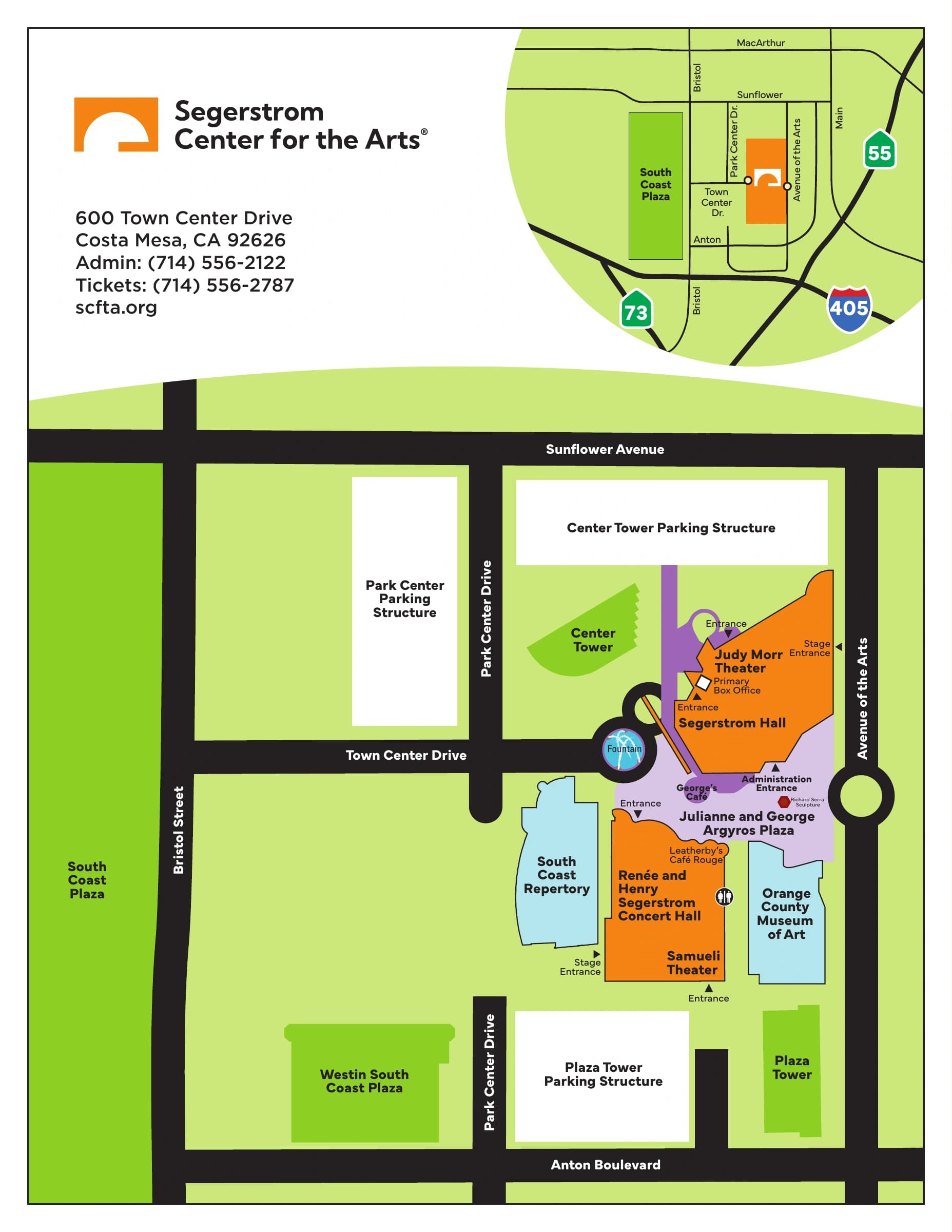 Segerstrom Center for the Arts: Venue layout, 2023 campus reference · halls, entrances and neighboring garages. Use the original map for routes and visitor facilities.