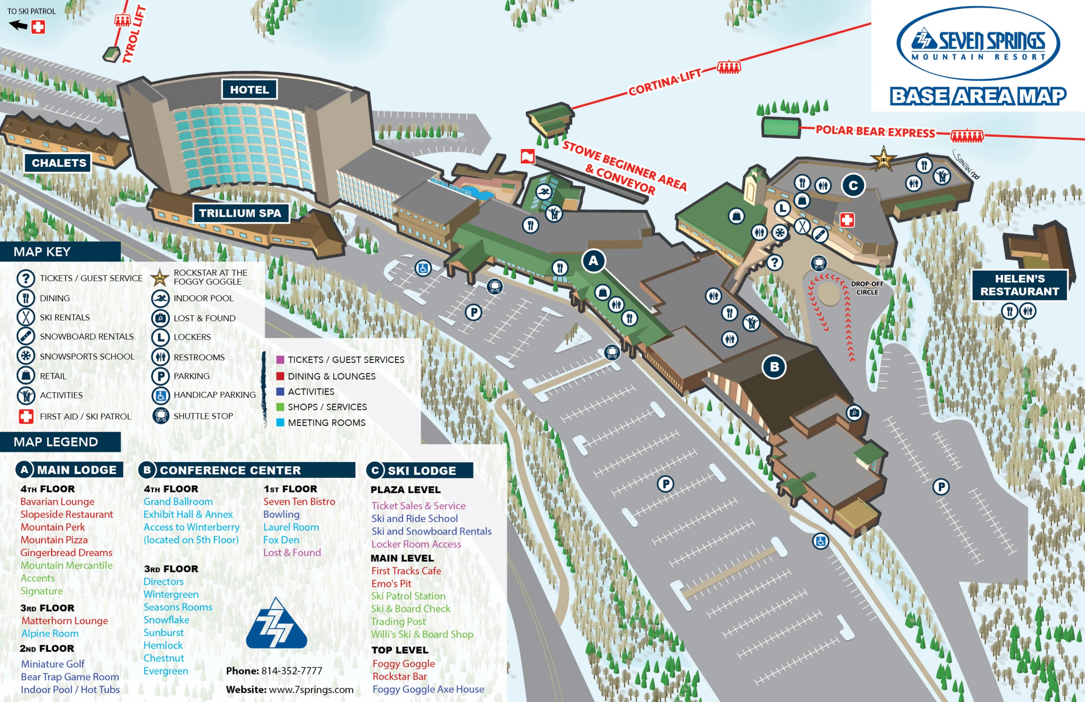 Seven Springs Mountain Resort: Venue layout, Base-area orientation · official map published 2022. Use the original map for routes and visitor facilities.