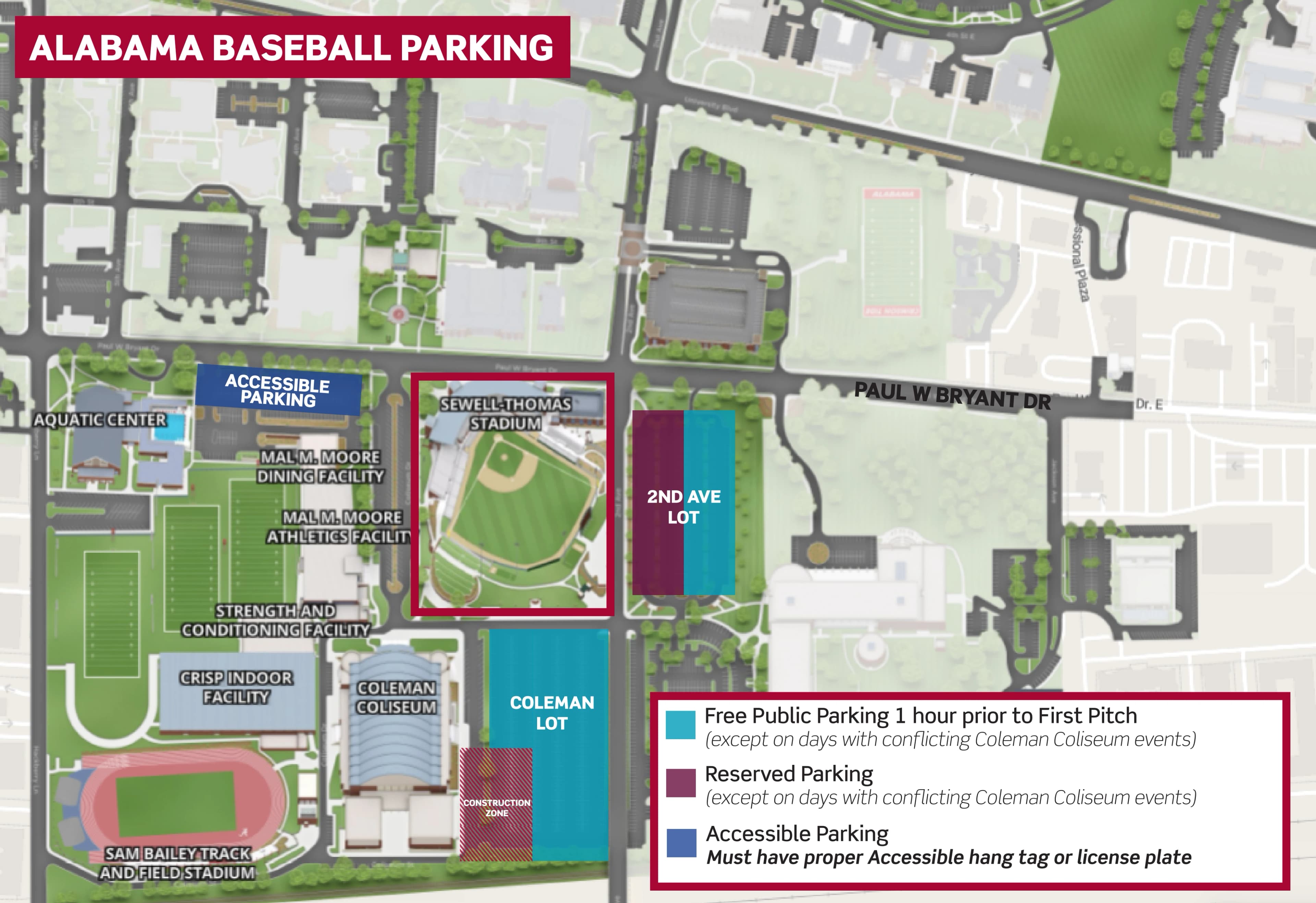 Sewell–Thomas Stadium: Venue layout, Sewell–Thomas Stadium — official-linked baseball parking plan. Use the original map for routes and visitor facilities.