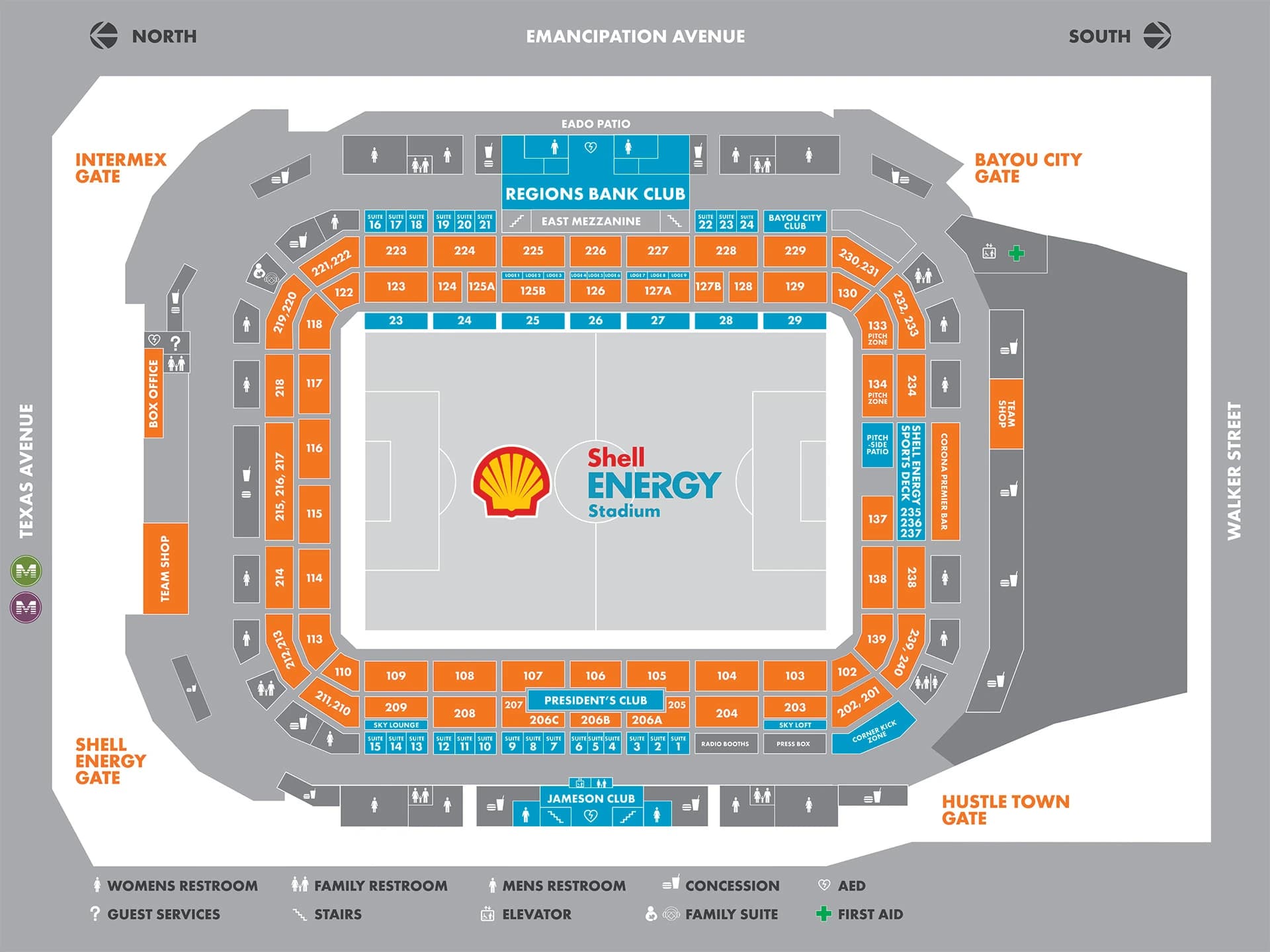 Shell Energy Stadium: Seating chart, Shell Energy Stadium — numbered soccer sections, clubs and concourse. Use the source chart for section and row details.