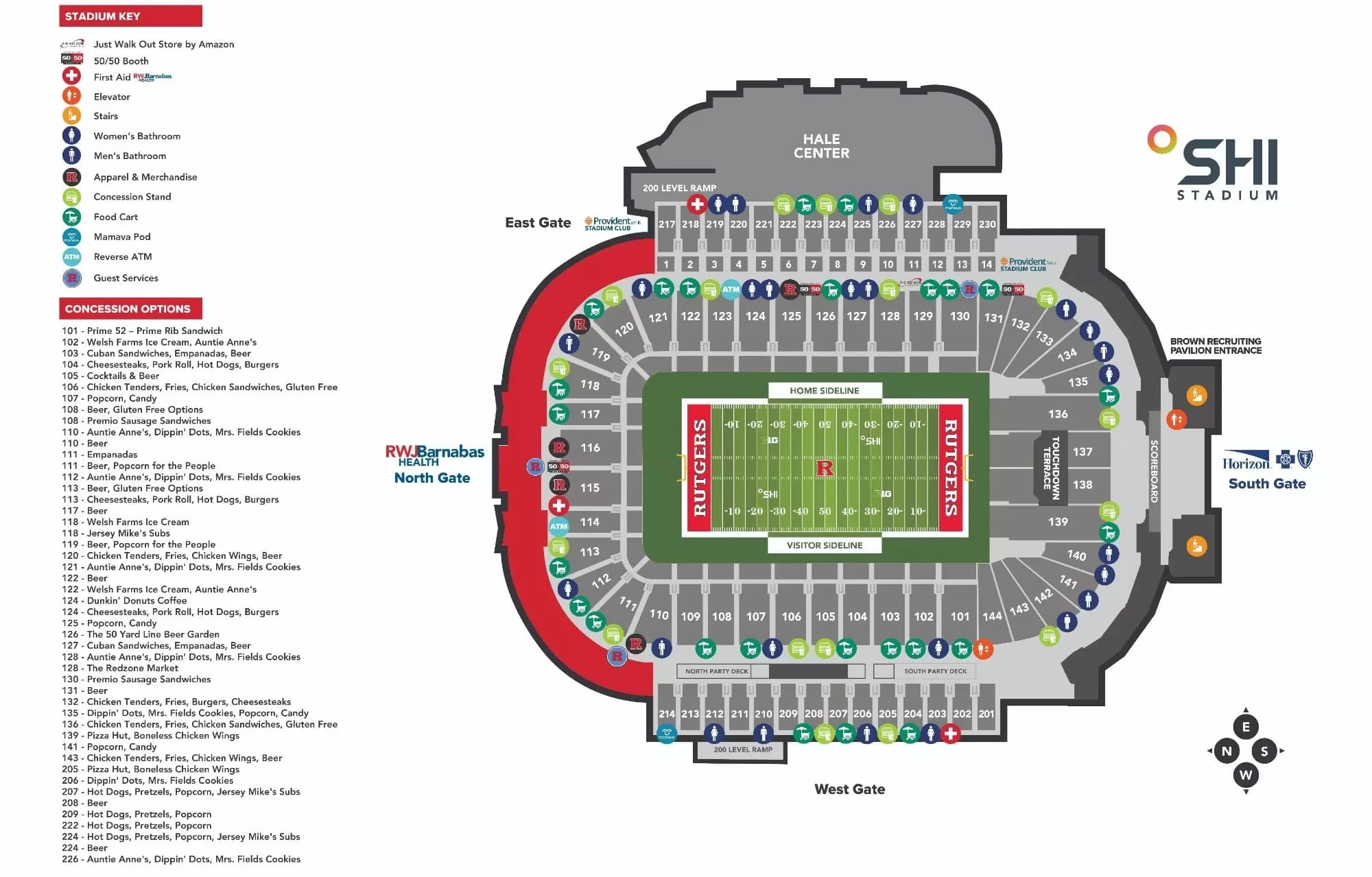 SHI Stadium: Venue layout, 2026 Rutgers football — numbered sections and amenities. Use the original map for routes and visitor facilities.