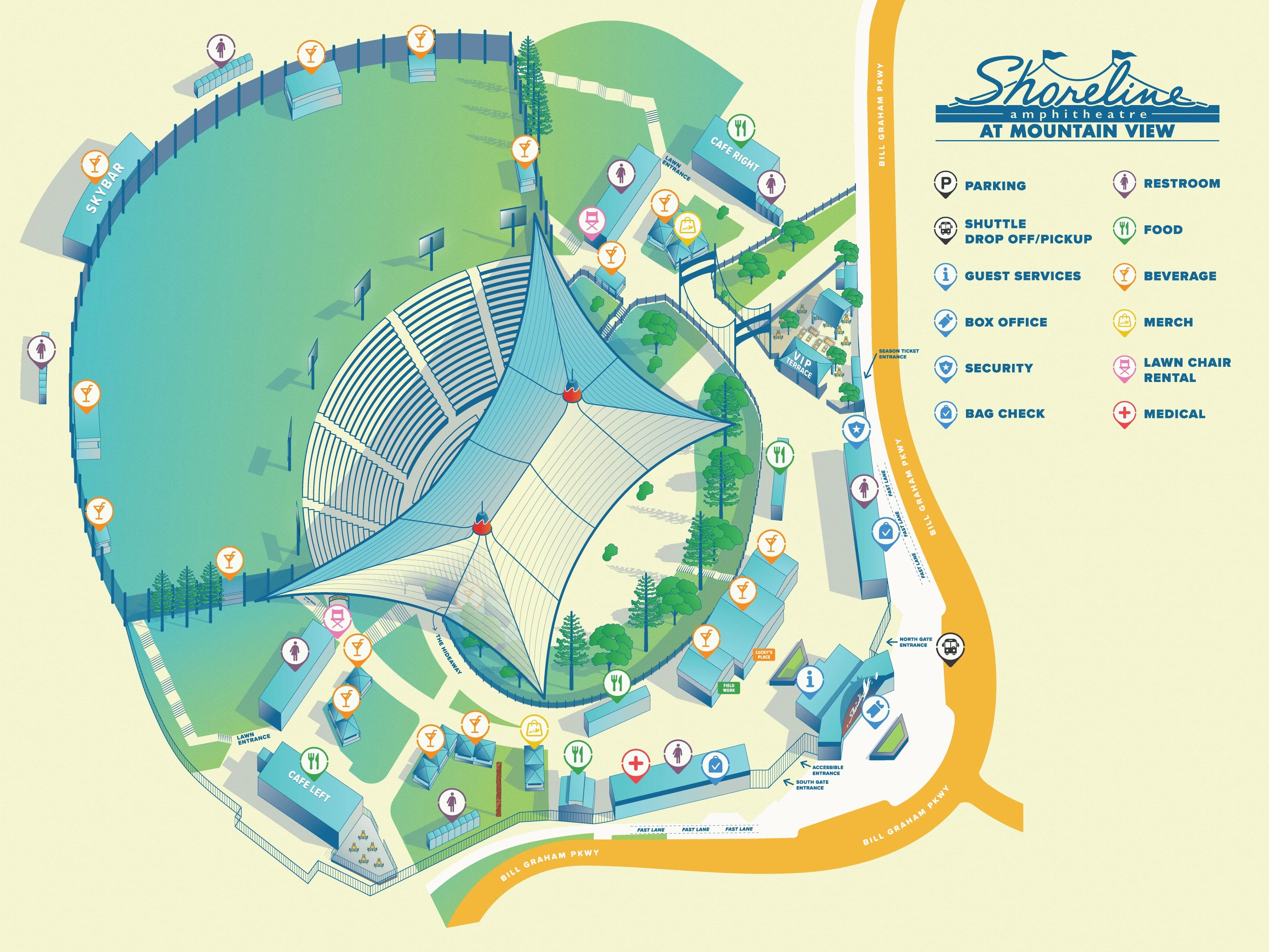 Shoreline Amphitheatre: Venue layout, Shoreline Amphitheatre — entrances, bowl, lawn and amenities. Use the original map for routes and visitor facilities.