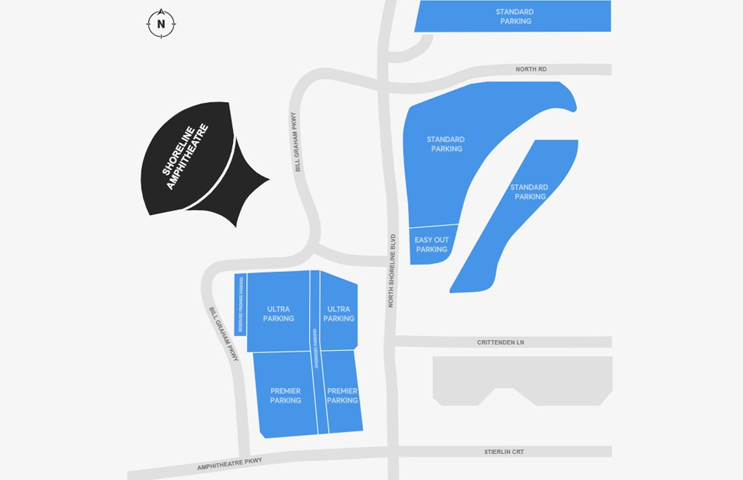 Shoreline Amphitheatre: Venue layout, Shoreline Amphitheatre — parking areas. Use the original map for routes and visitor facilities.