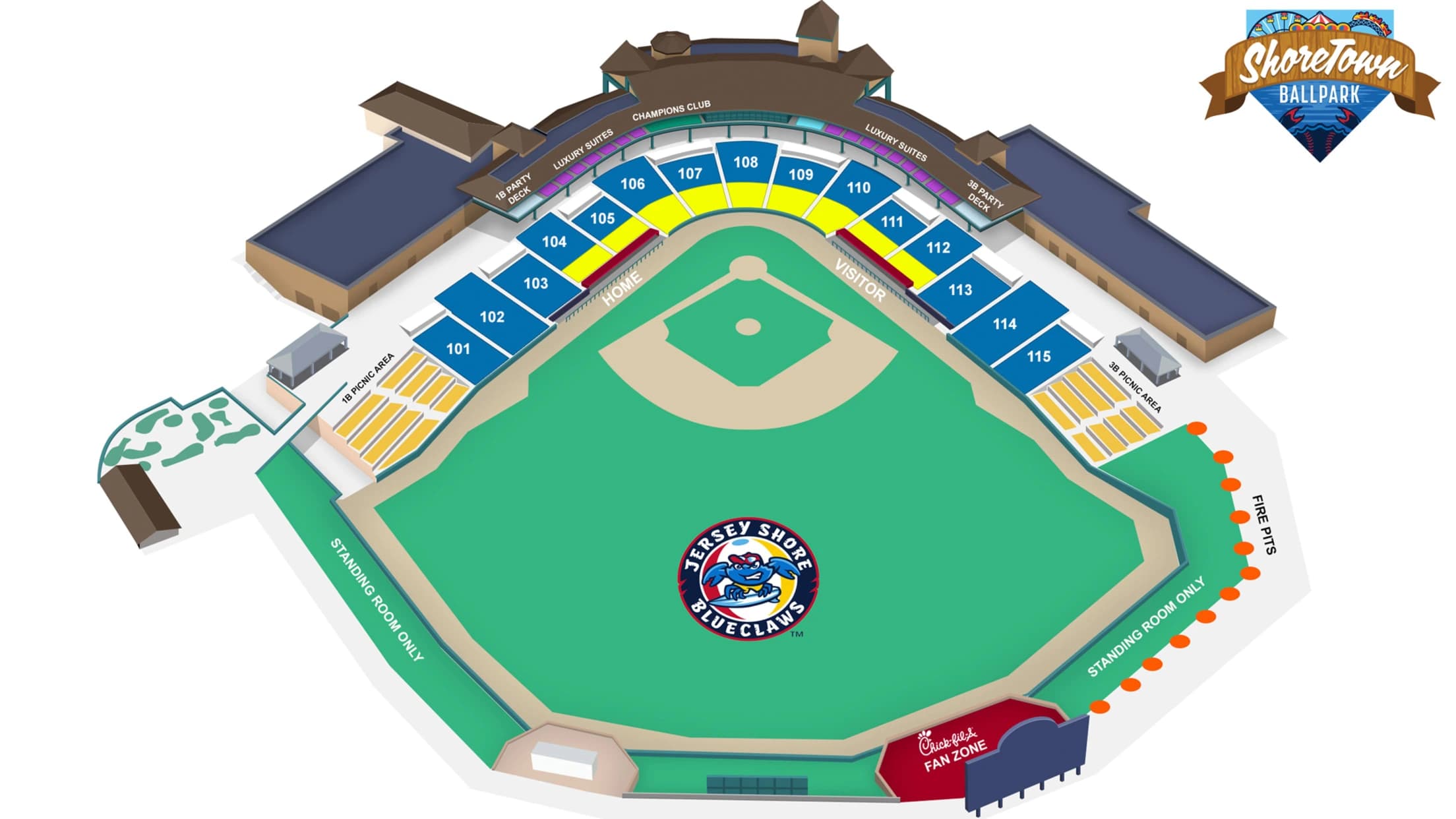 ShoreTown Ballpark: Seating chart, ShoreTown Ballpark — official-linked numbered seating and group areas. Use the source chart for section and row details.