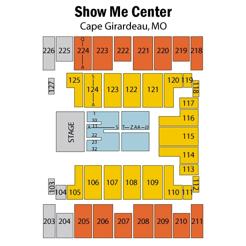 Show Me Center: Seating chart, TOBYMAC concert example · Show Me Center stage, floor and bowl sections. Use the source chart for section and row details.