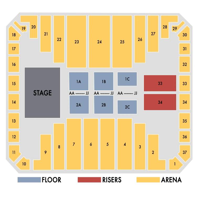 Siegel Center: Seating chart, Standard arena seating configuration. Use the source chart for section and row details.