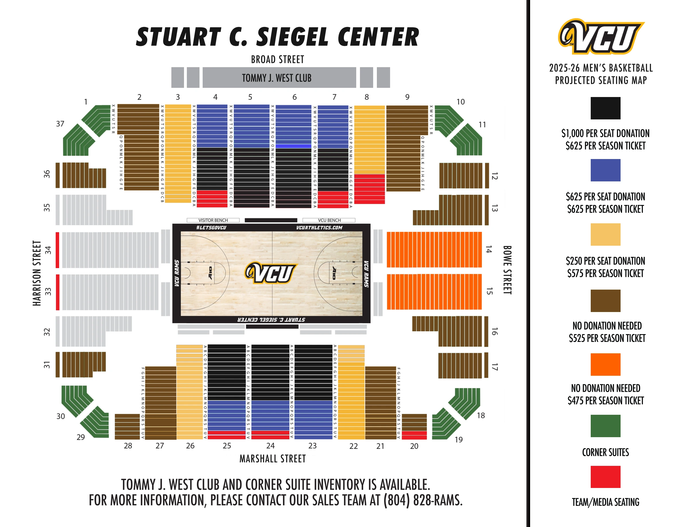 Siegel Center: Seating chart, 2025–26 basketball season seating allocations. Use the source chart for section and row details.