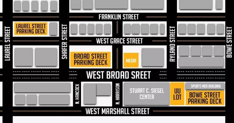 Siegel Center: Venue layout, Venue parking and pedestrian approaches. Use the original map for routes and visitor facilities.
