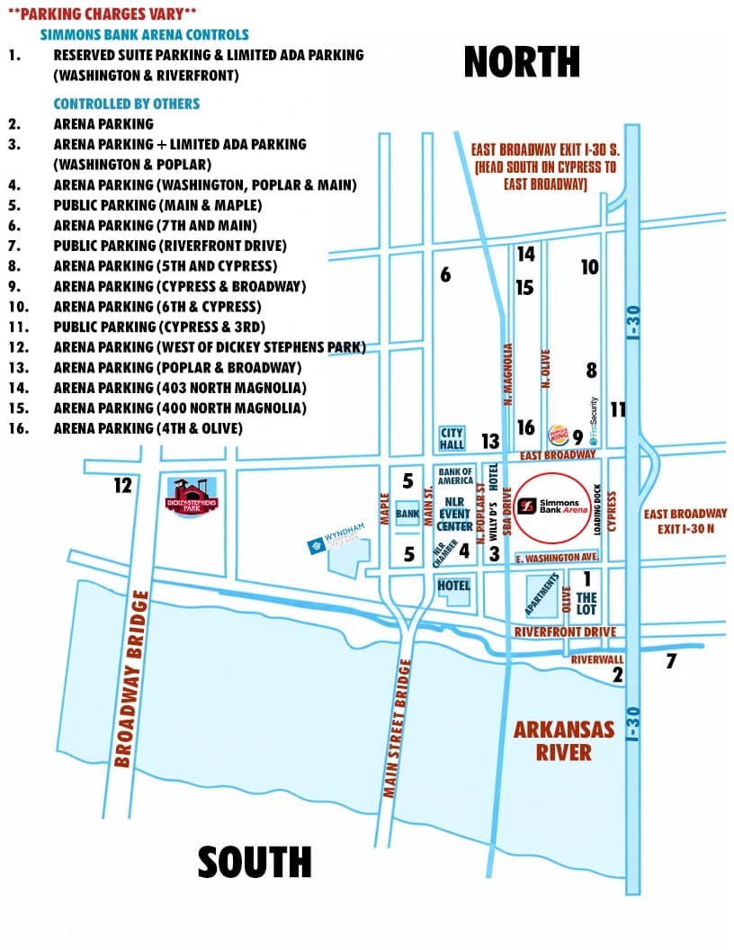 Simmons Bank Arena: Venue layout, September 2026 parking reference · 16 marked areas and approaches. Use the original map for routes and visitor facilities.