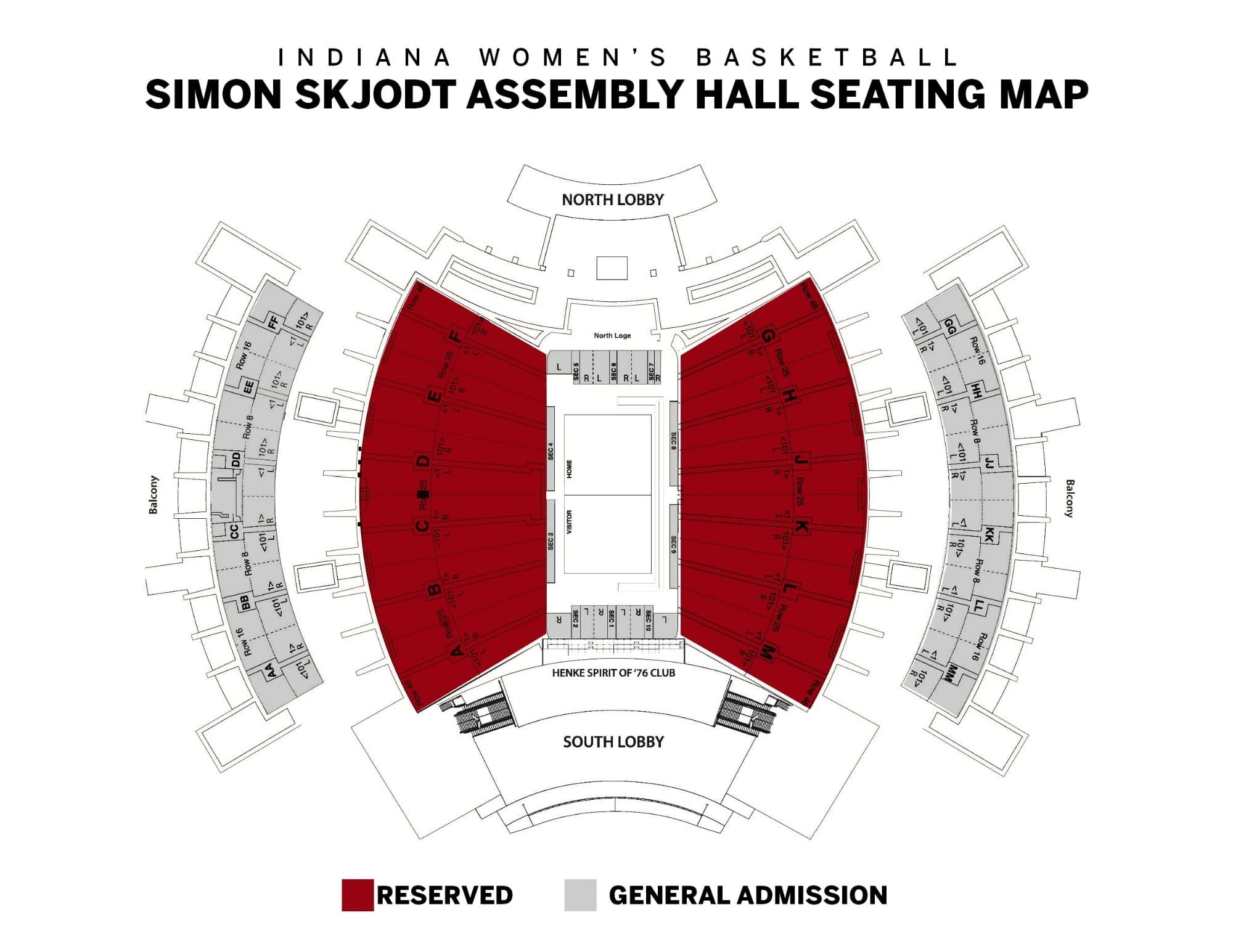 Simon Skjodt Assembly Hall: Seating chart, Women's basketball. Use the source chart for section and row details.