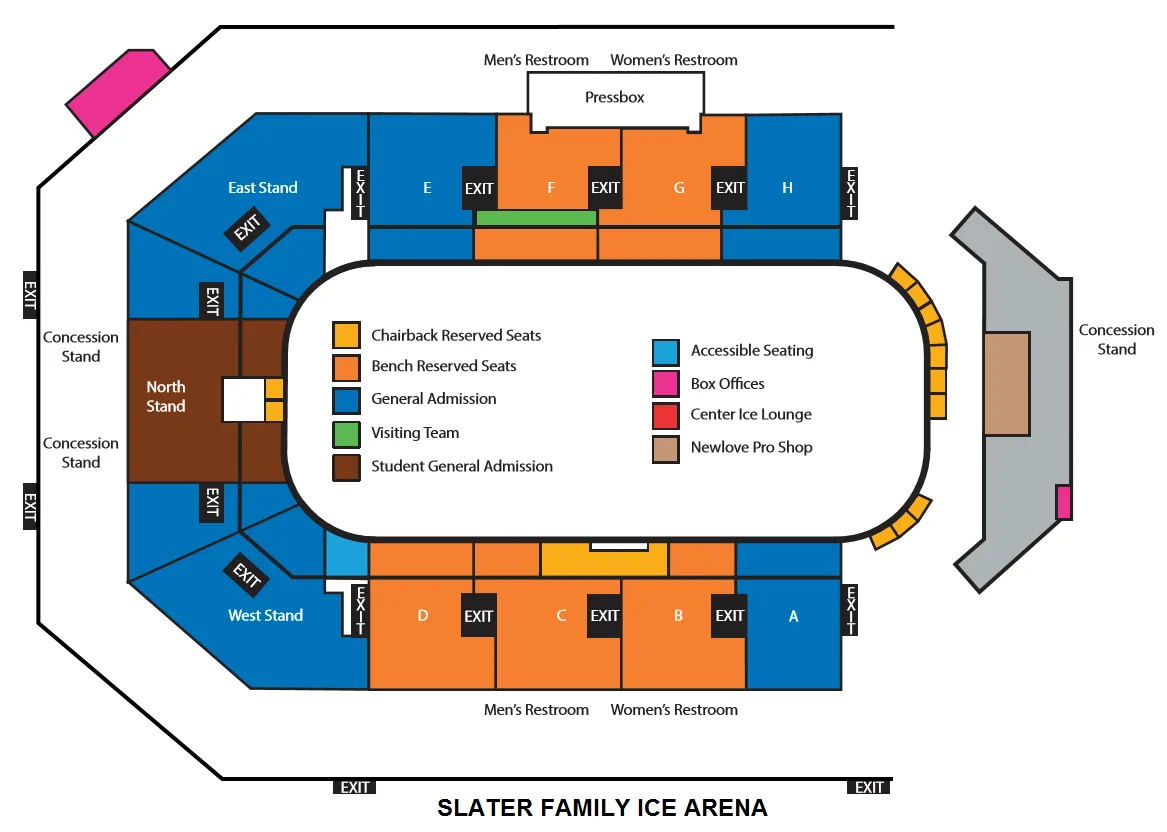 Slater Family Ice Arena: Seating chart, Slater Family Ice Arena — archived 2018 hockey chart. Use the source chart for section and row details.