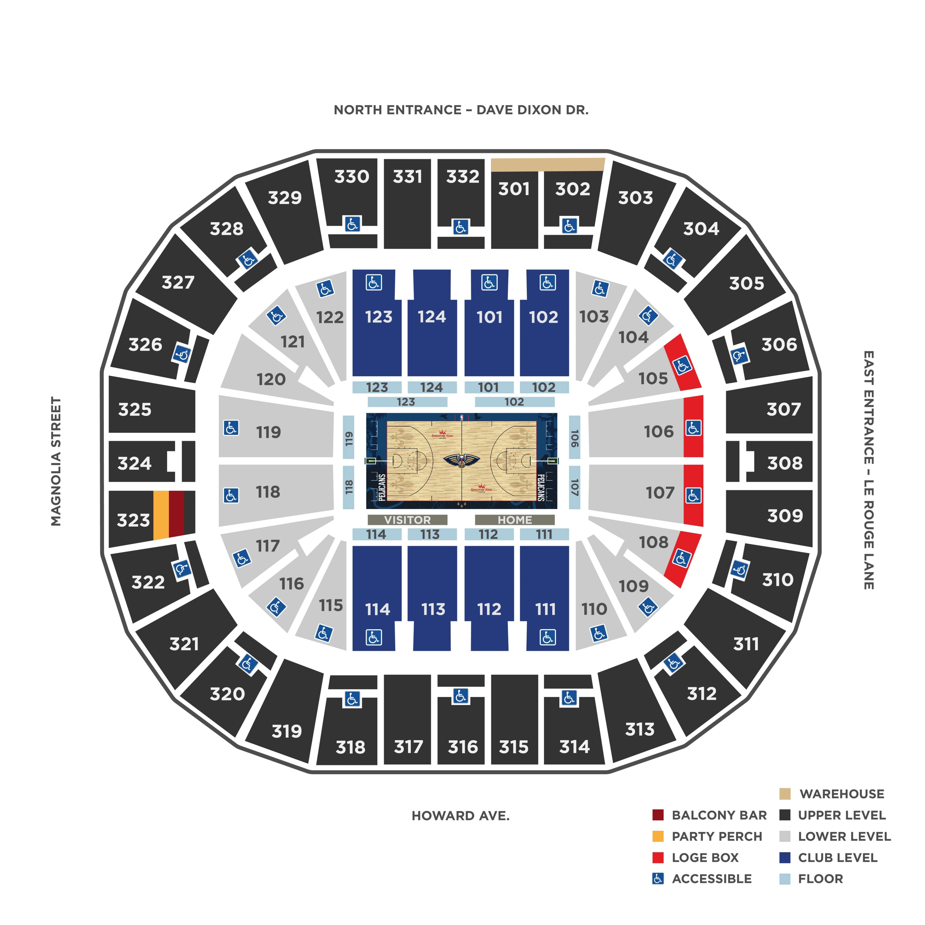 Smoothie King Center: Seating chart, Basketball. Use the source chart for section and row details.