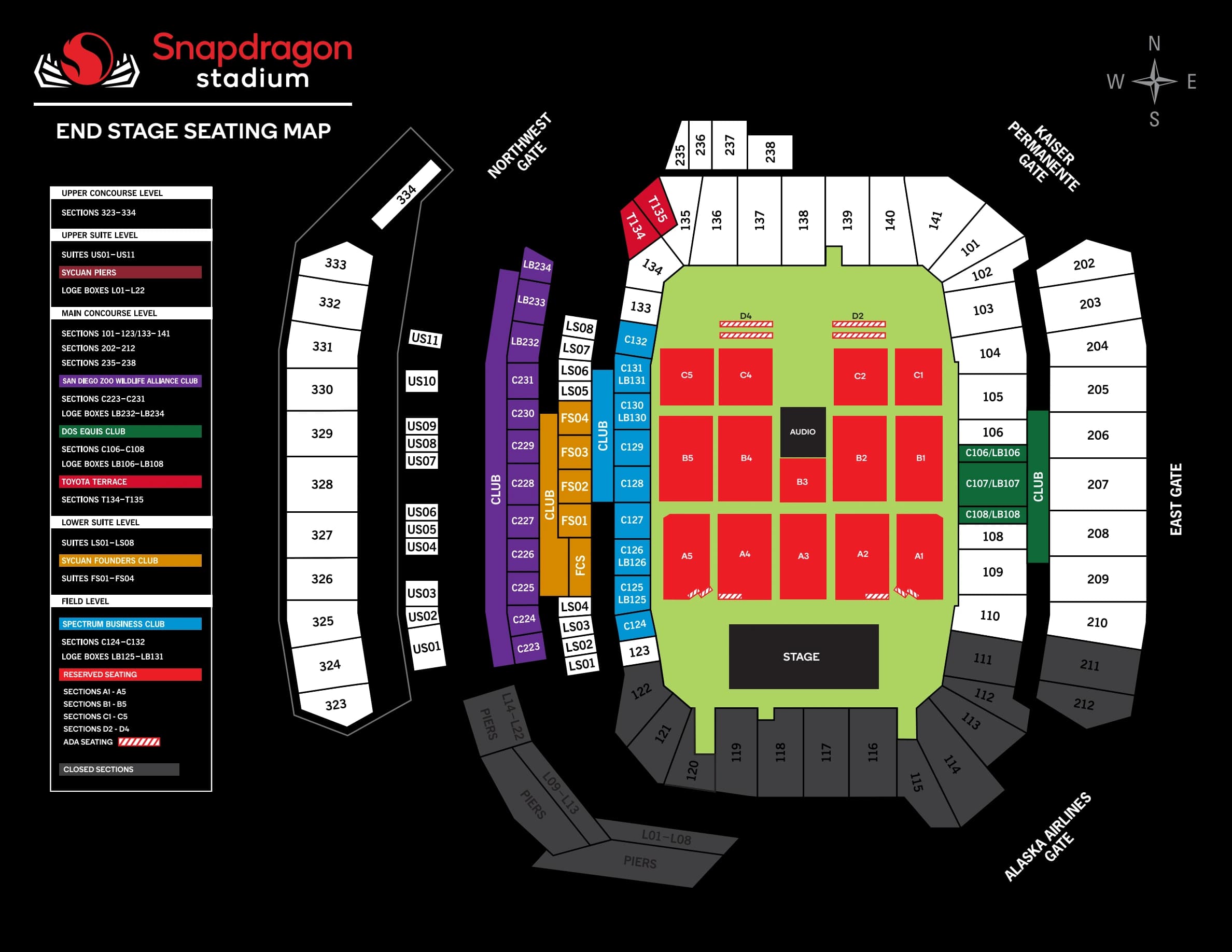 Snapdragon Stadium: Seating chart, Concert · end stage. Use the source chart for section and row details.
