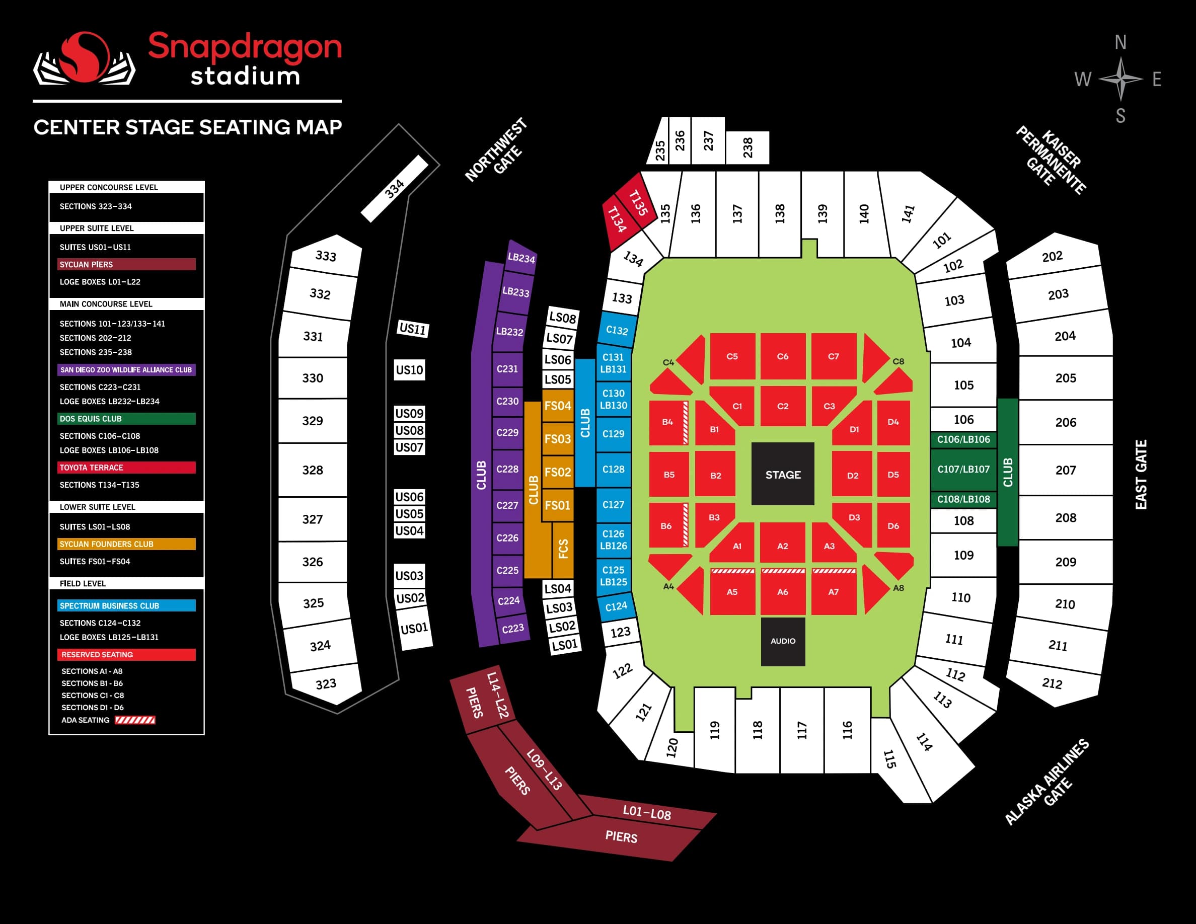 Snapdragon Stadium: Seating chart, Concert · center stage. Use the source chart for section and row details.