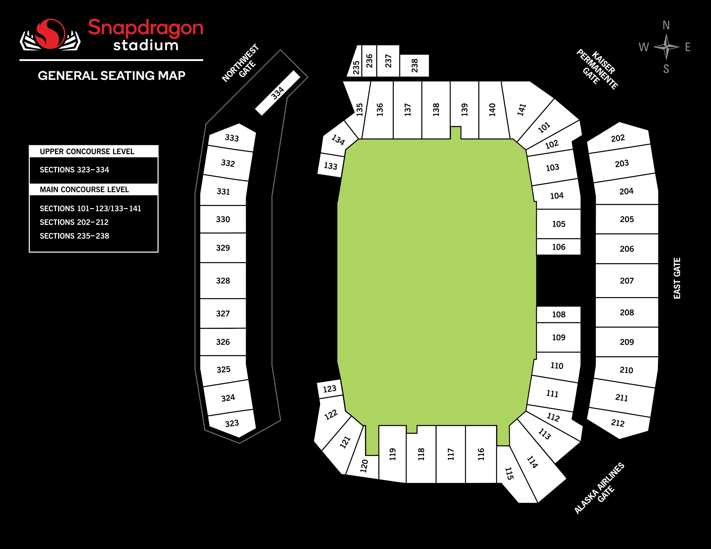 Snapdragon Stadium: Seating chart, General stadium seating. Use the source chart for section and row details.