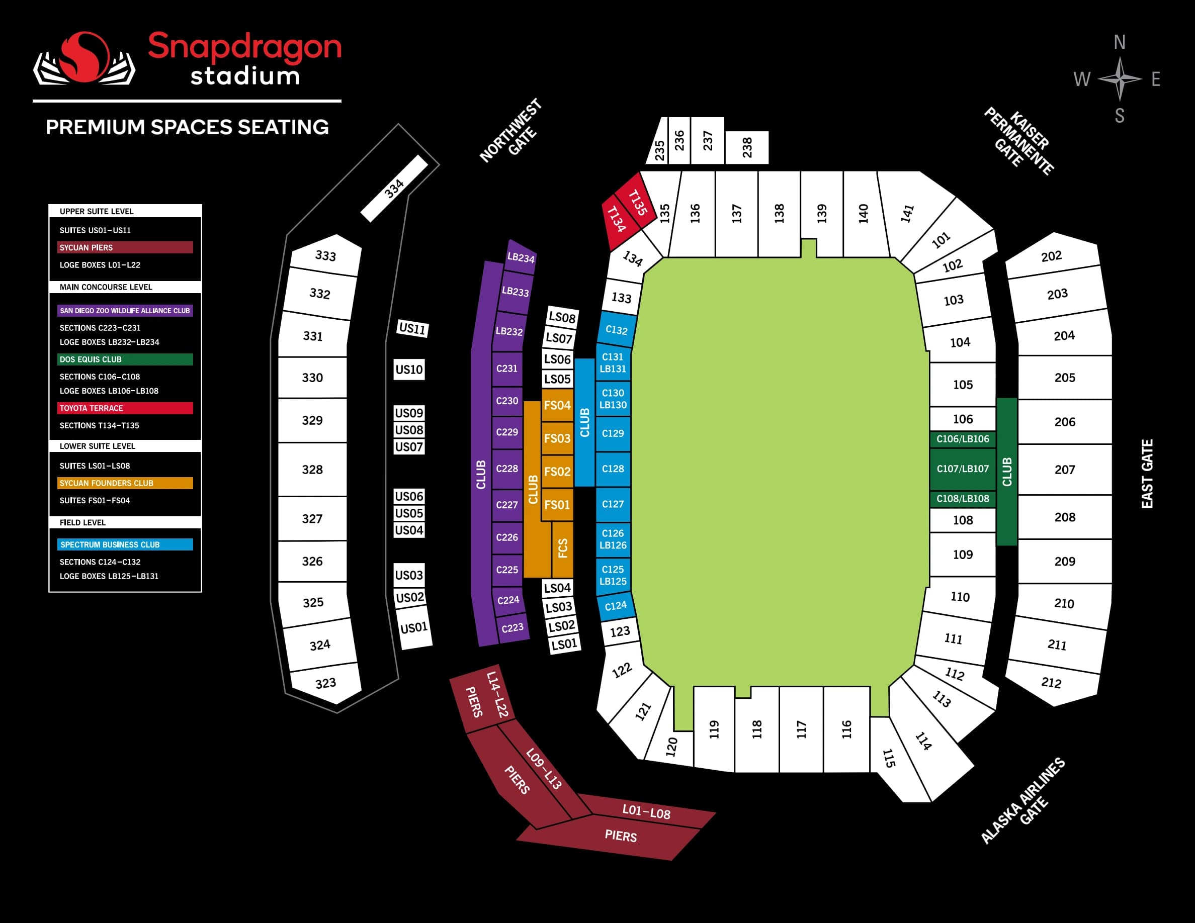 Snapdragon Stadium: Seating chart, Premium seating. Use the source chart for section and row details.
