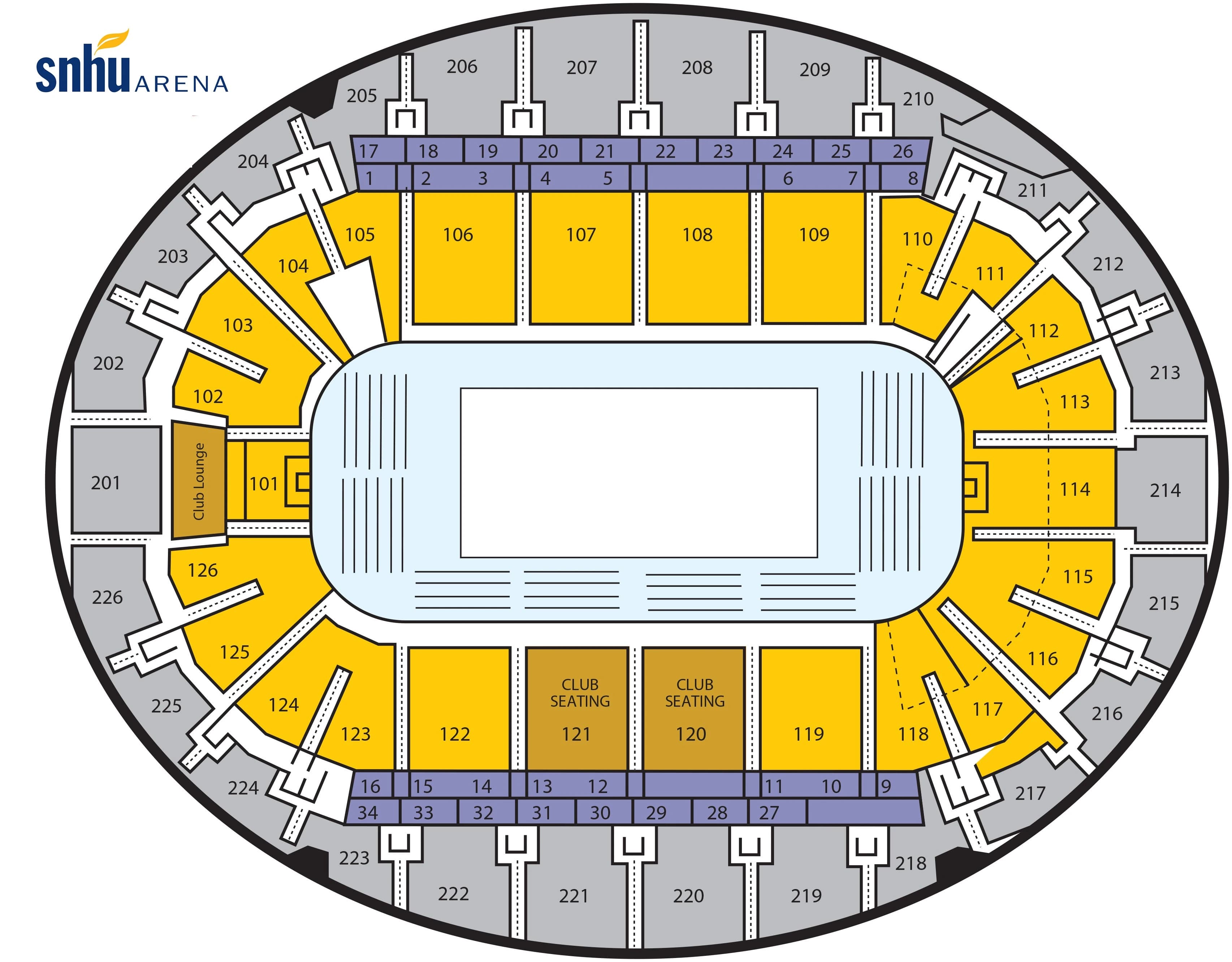 SNHU Arena: Seating chart, Basketball. Use the source chart for section and row details.