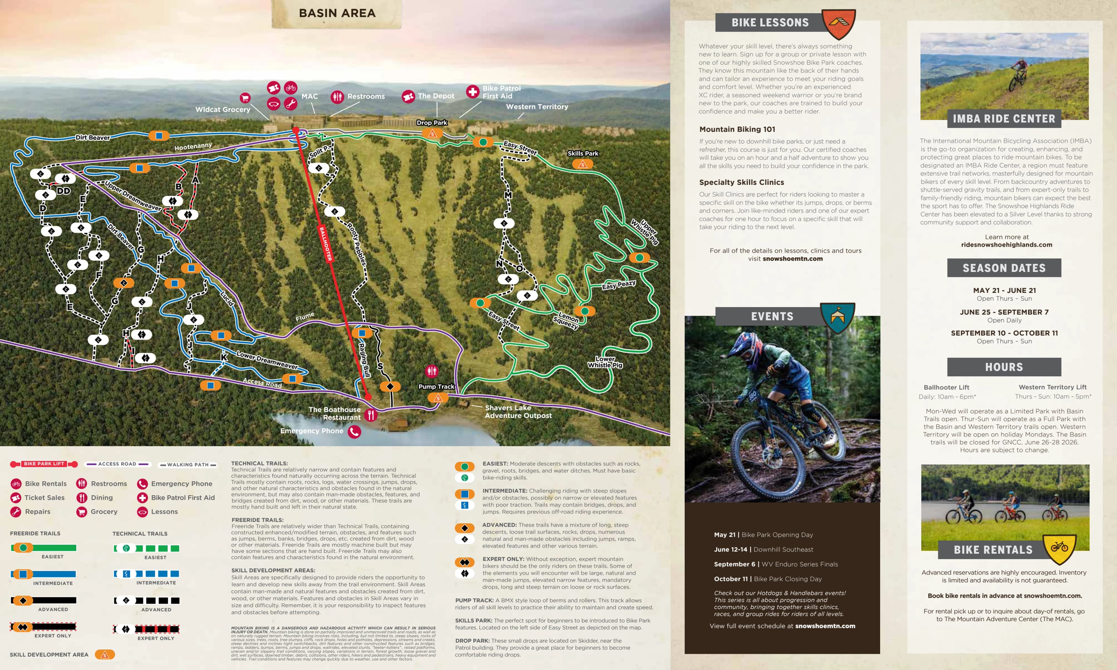 Snowshoe Bike Park: Venue layout, Bike park · Basin trails · 2026. Use the original map for routes and visitor facilities.