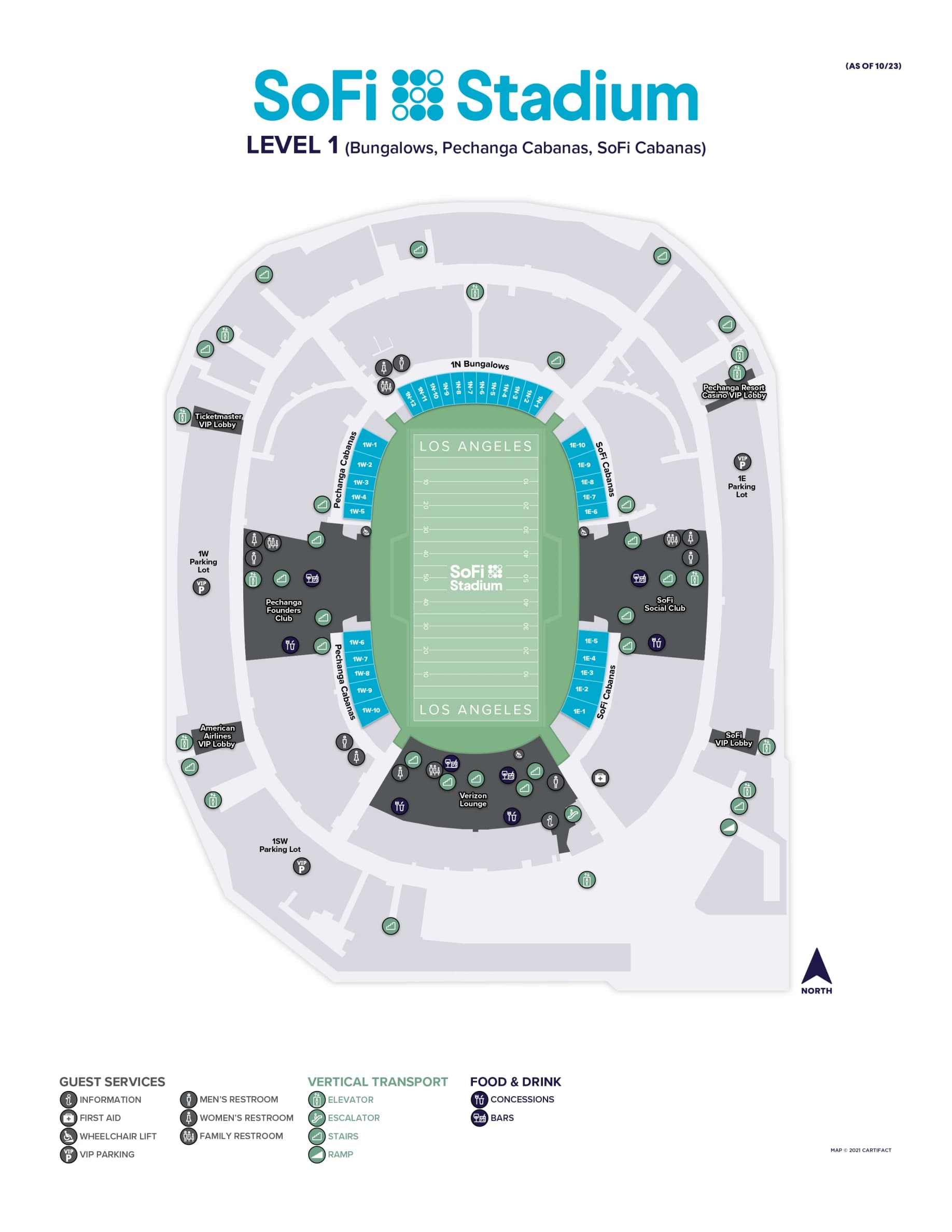 SoFi Stadium: Seating chart, SoFi Stadium — Level 1: Bungalows and Cabanas. Use the source chart for section and row details.