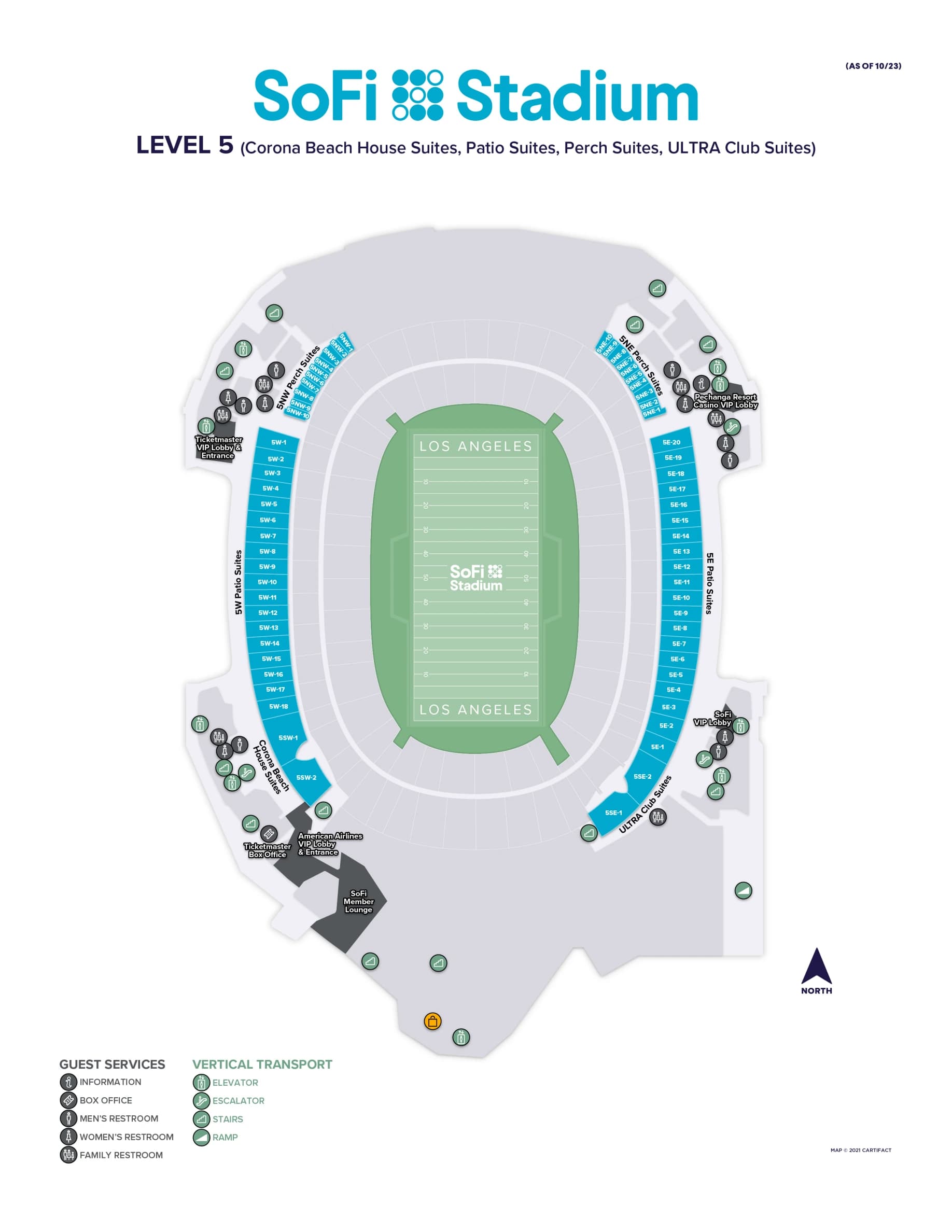 SoFi Stadium: Seating chart, SoFi Stadium — Level 5: Patio, Perch and Club Suites. Use the source chart for section and row details.