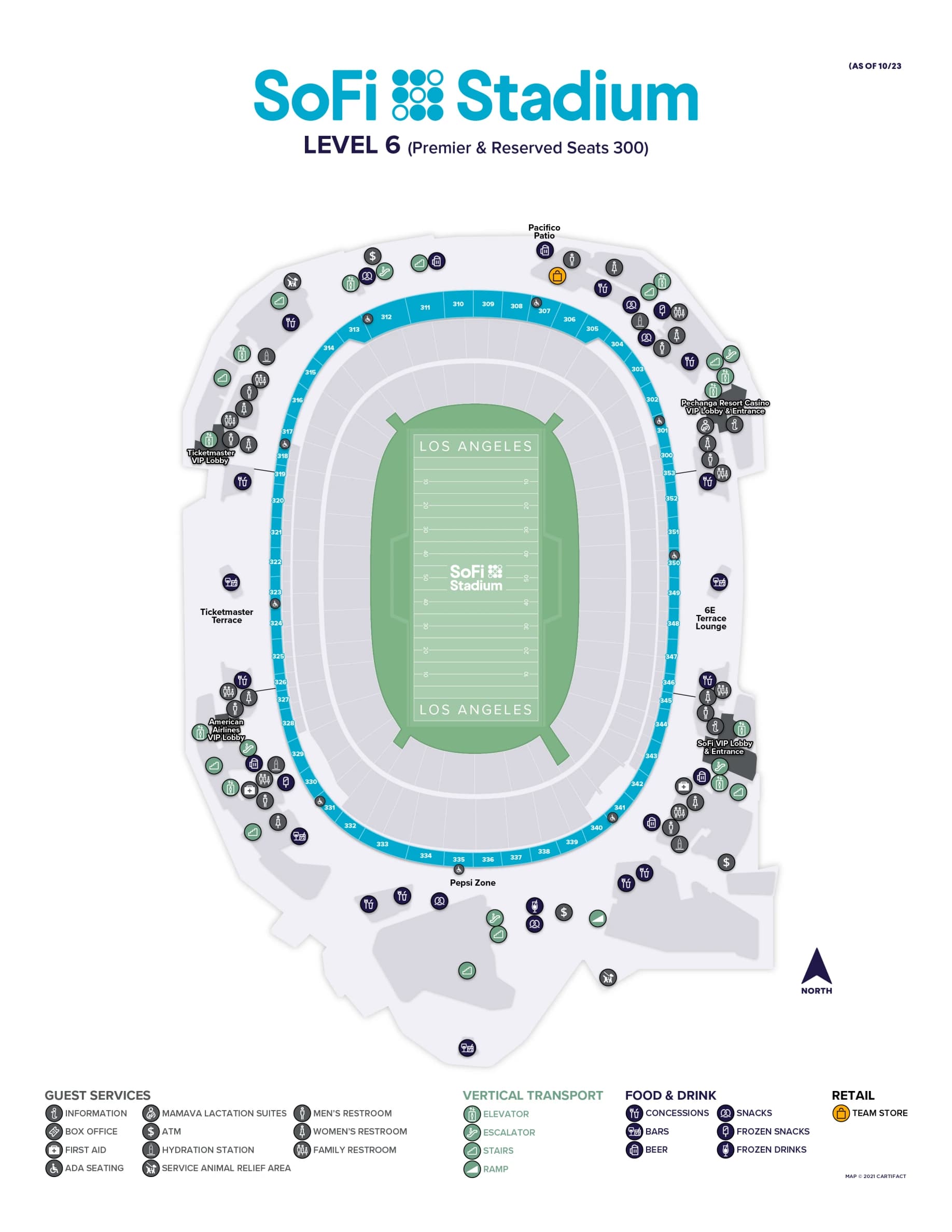 SoFi Stadium: Seating chart, SoFi Stadium — Level 6: Premier and Reserved Seats 300. Use the source chart for section and row details.