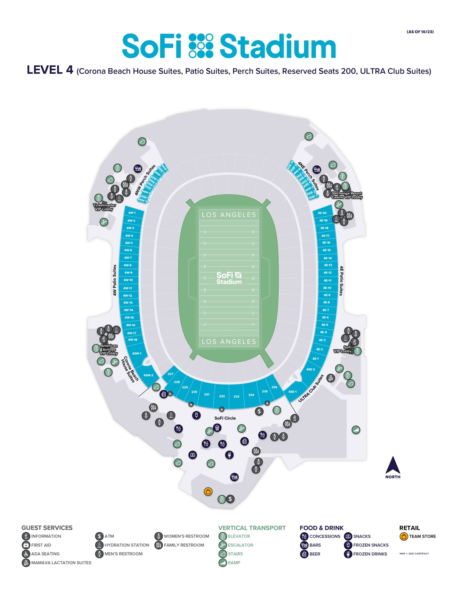 SoFi Stadium: Seating chart, SoFi Stadium — Level 4: Reserved Seats 227–236 and Suites. Use the source chart for section and row details.