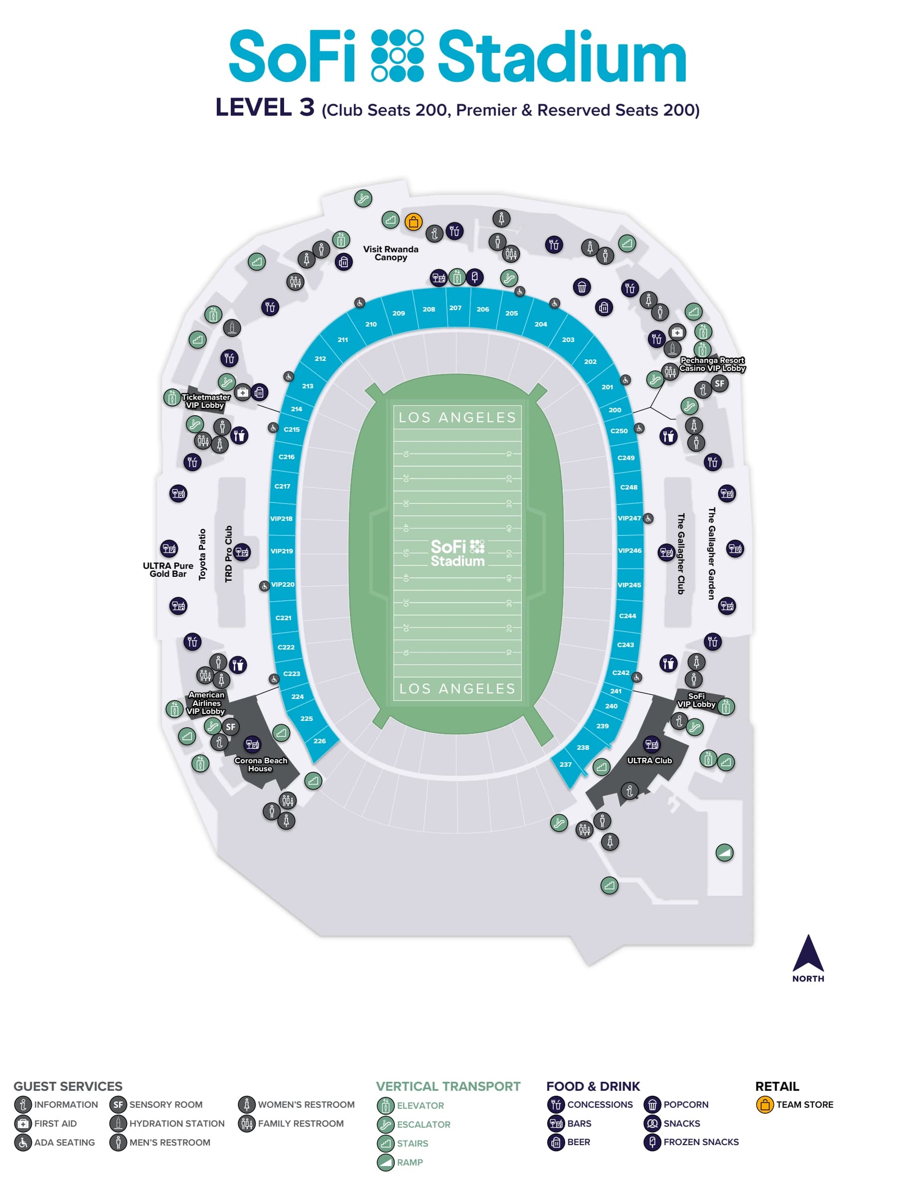 SoFi Stadium: Seating chart, SoFi Stadium — Level 3: Club, Premier and Reserved Seats 200. Use the source chart for section and row details.