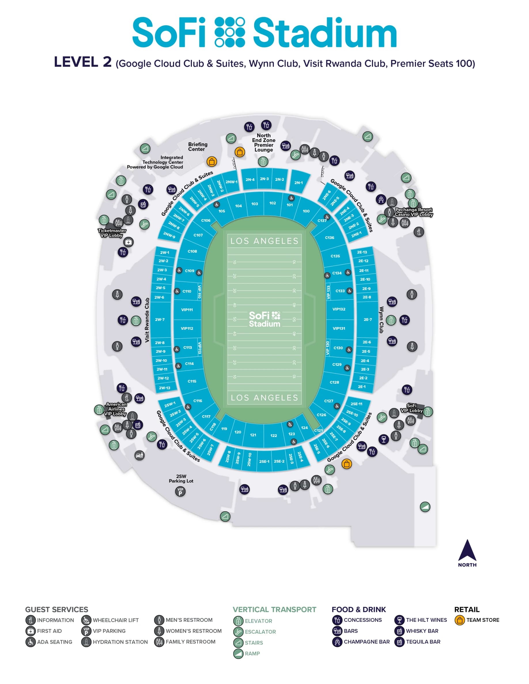 SoFi Stadium: Seating chart, SoFi Stadium — Level 2: Premier Seats 100 and Suites. Use the source chart for section and row details.