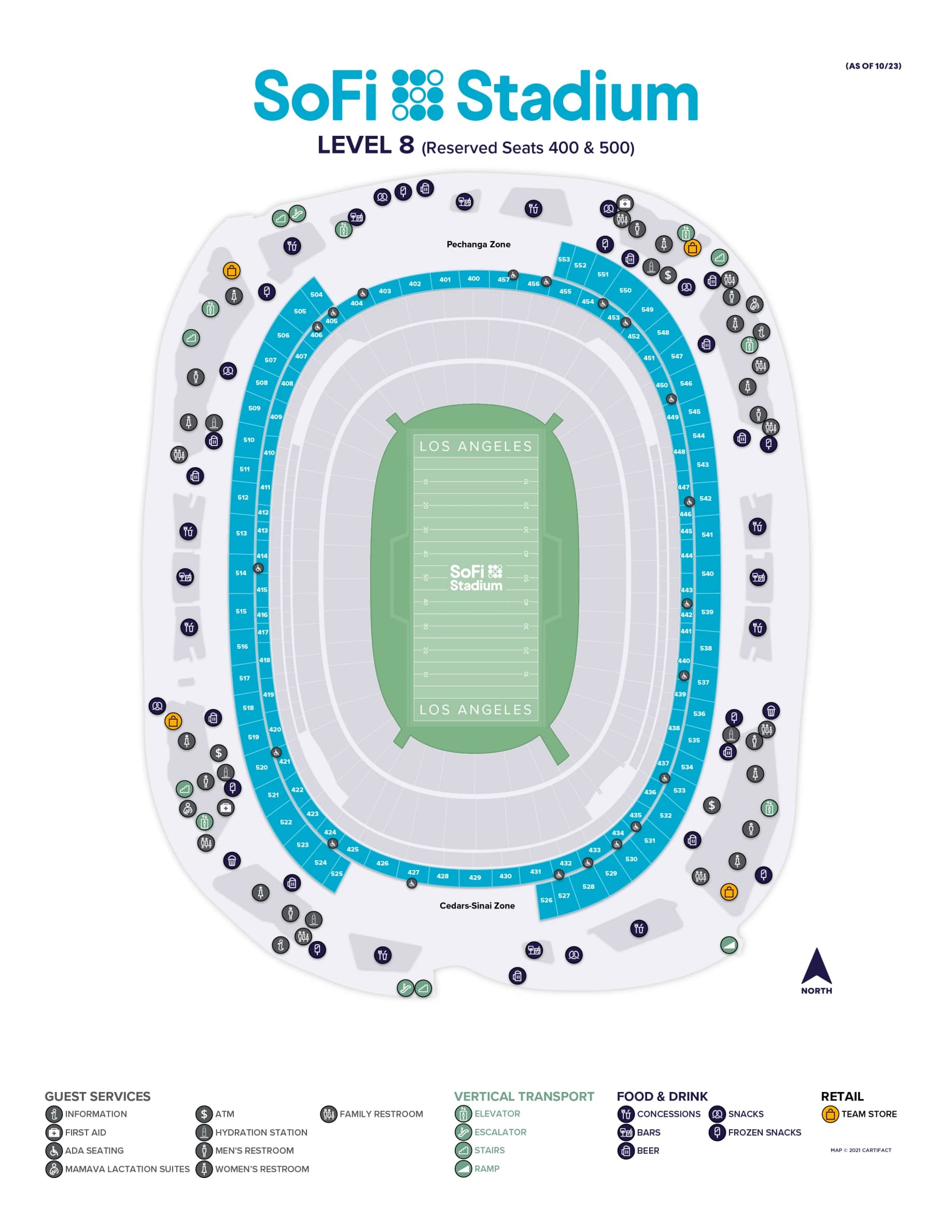 SoFi Stadium: Seating chart, SoFi Stadium — Level 8: Reserved Seats 400 and 500. Use the source chart for section and row details.