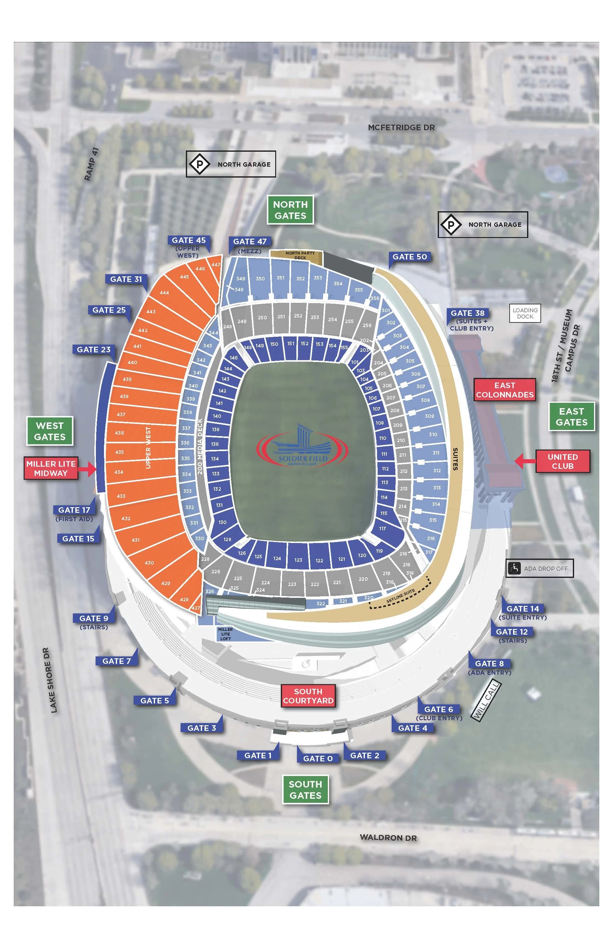 Soldier Field: Seating chart, Soldier Field — official numbered bowl and entrance reference. Use the source chart for section and row details.