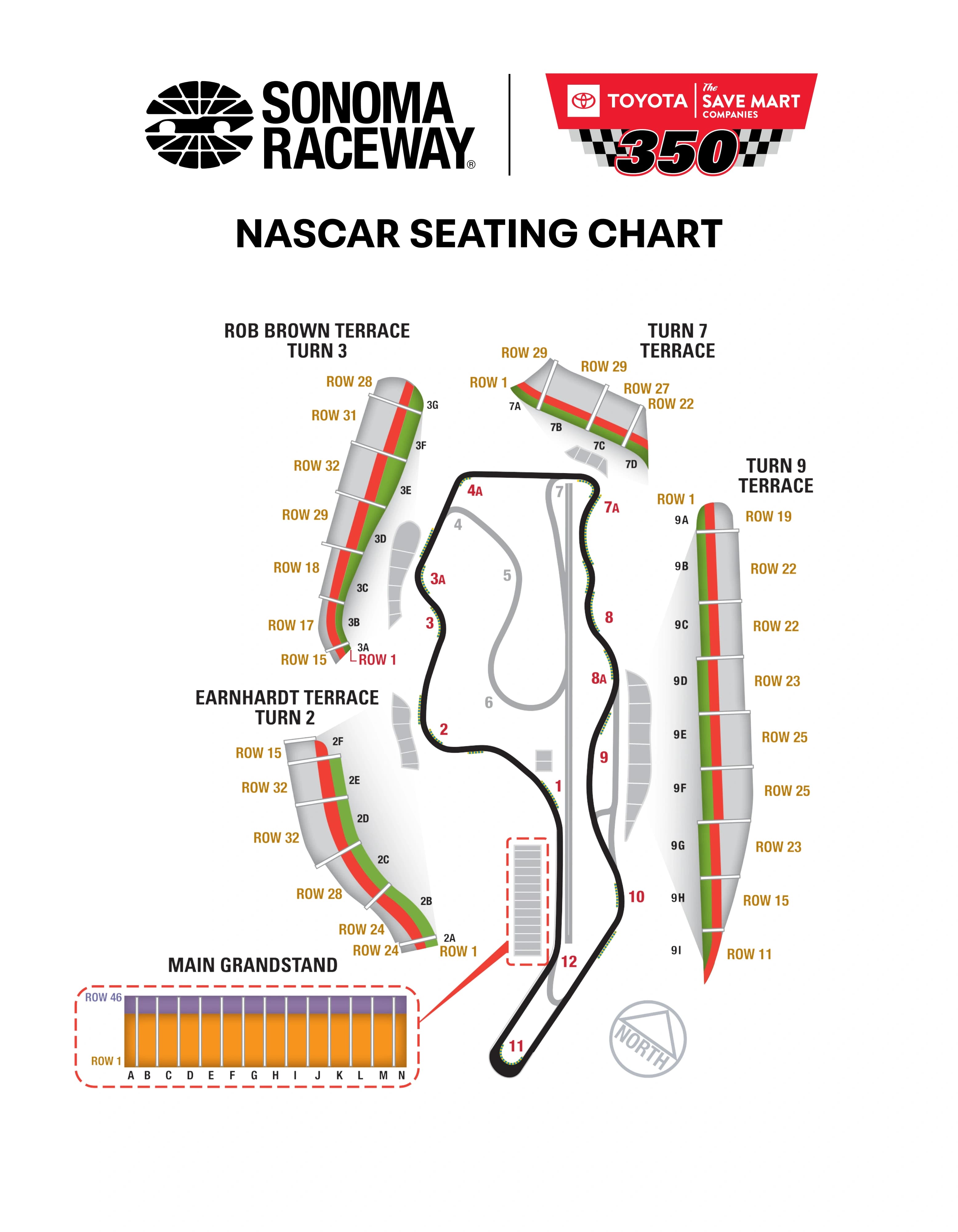 Sonoma Raceway: Seating chart, Sonoma NASCAR · full main-grandstand and terrace section/row chart. Use the source chart for section and row details.