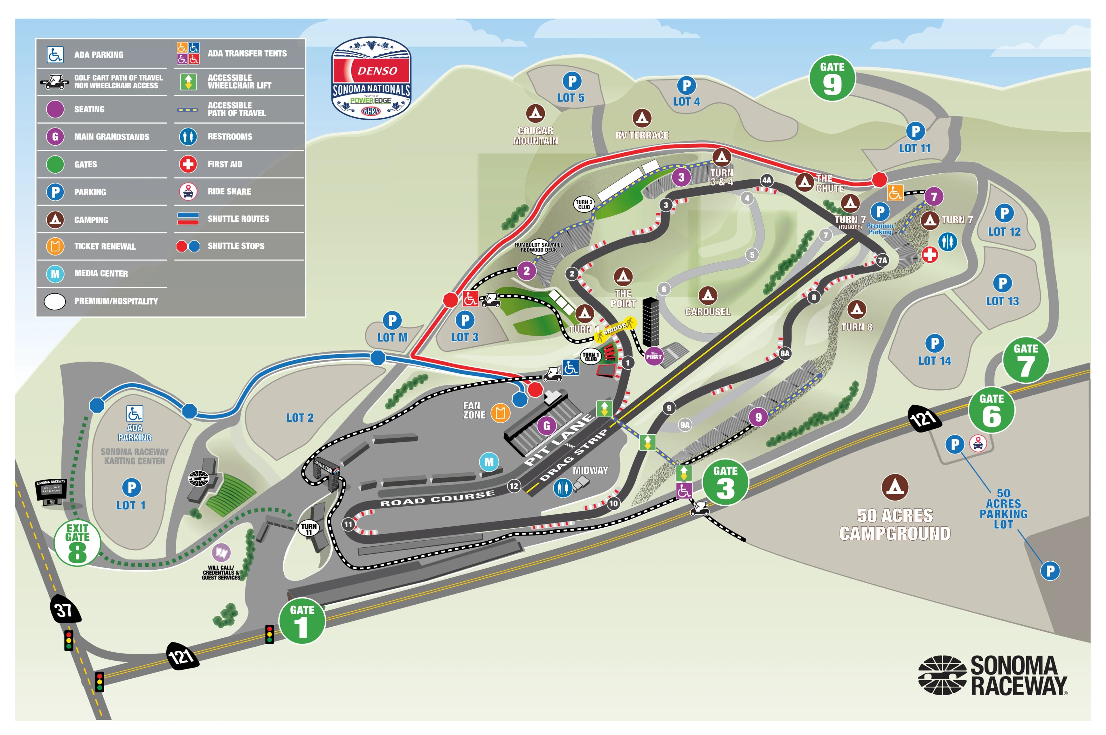 Sonoma Raceway: Venue layout, Sonoma NHRA · 2025 accessible-route reference, currently linked. Use the original map for routes and visitor facilities.