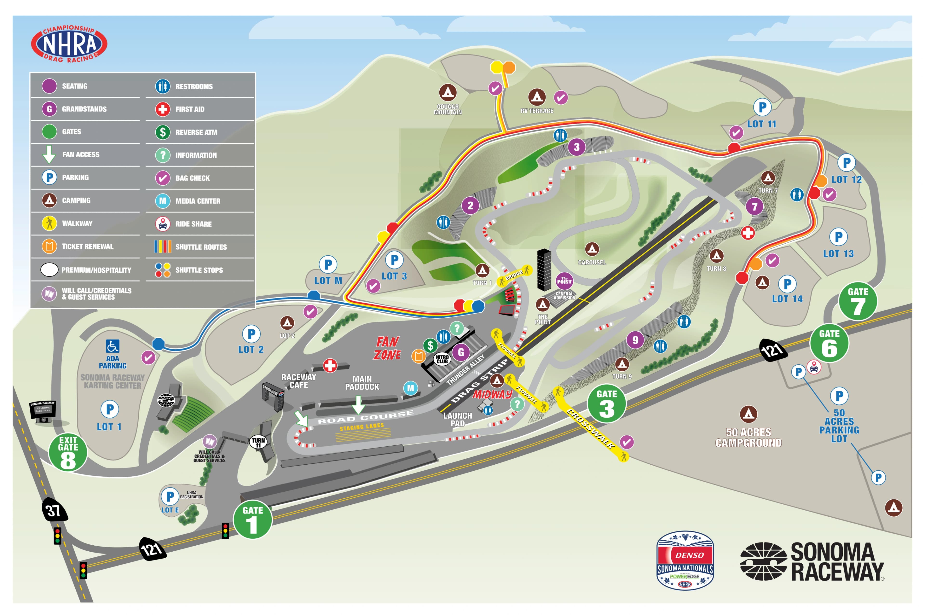 Sonoma Raceway: Venue layout, 2026 Sonoma NHRA · complete drag-racing facility and fan-access plan. Use the original map for routes and visitor facilities.