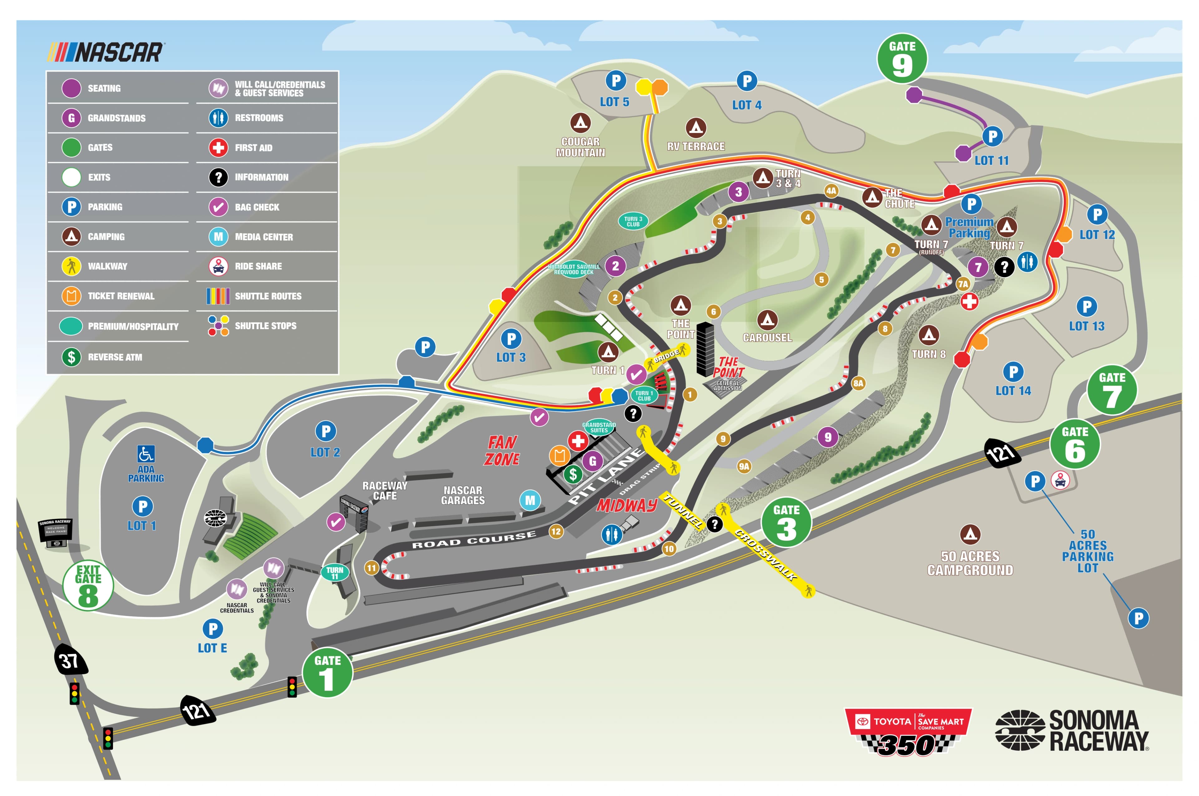 Sonoma Raceway: Venue layout, 2026 Sonoma NASCAR · complete facility, gates and shuttle plan. Use the original map for routes and visitor facilities.
