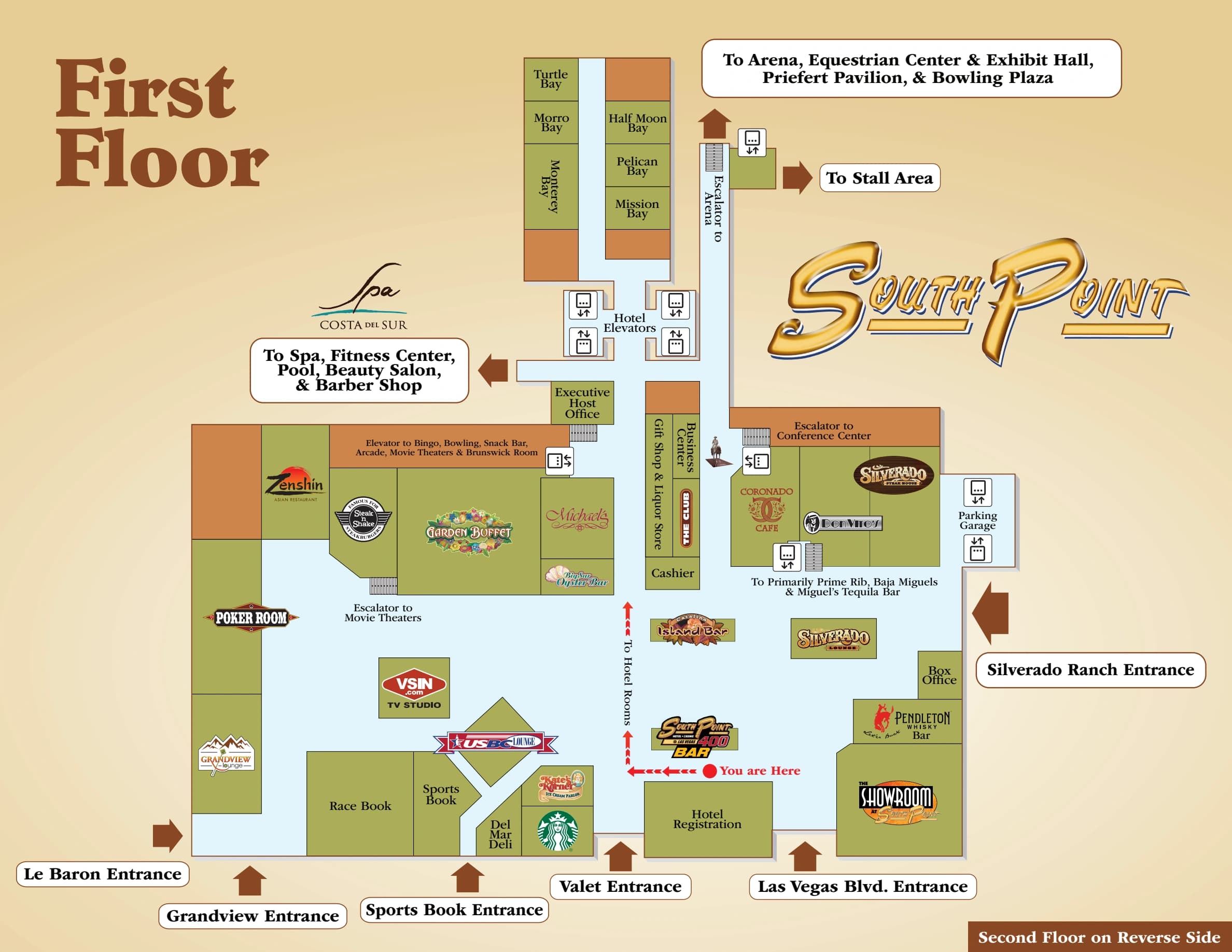 South Point Bowling Plaza: Venue layout, South Point · published resort first-floor route toward the Bowling Plaza. Use the original map for routes and visitor facilities.