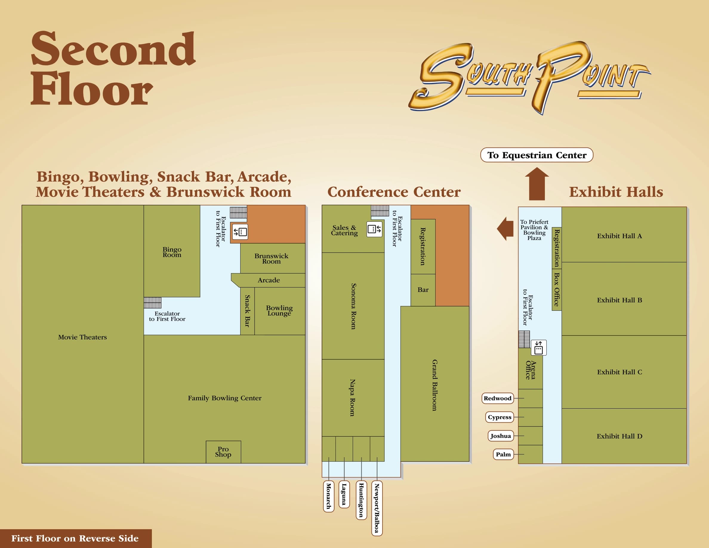 South Point Bowling Plaza: Venue layout, South Point · published second-floor orientation and separate Bowling Center. Use the original map for routes and visitor facilities.
