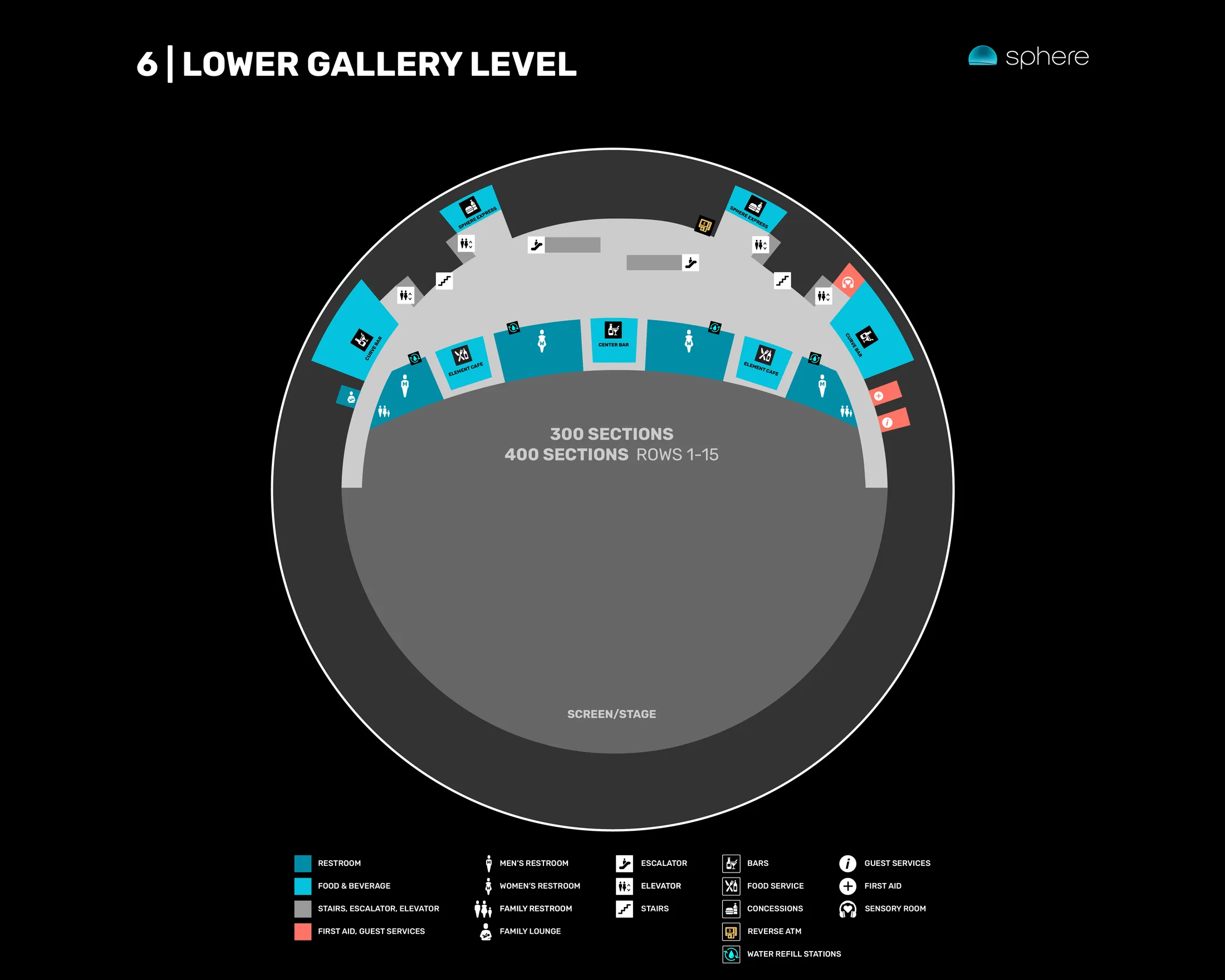 Sphere: Venue layout, Sphere — official Level 6 Lower Gallery amenities plan. Use the original map for routes and visitor facilities.