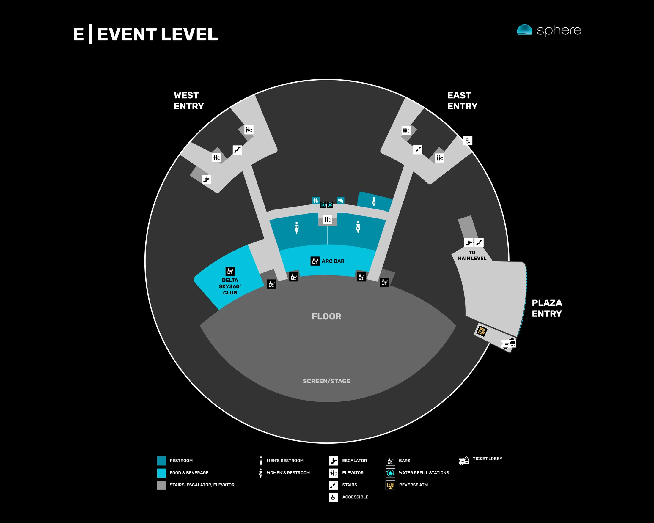 Sphere: Venue layout, Sphere — official Event Level amenities and access plan. Use the original map for routes and visitor facilities.