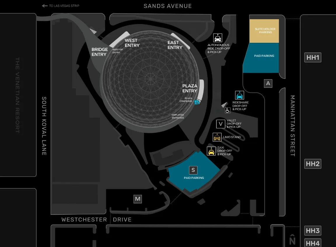 Sphere: Venue layout, Sphere — official current campus, entry and transport-zone overview. Use the original map for routes and visitor facilities.