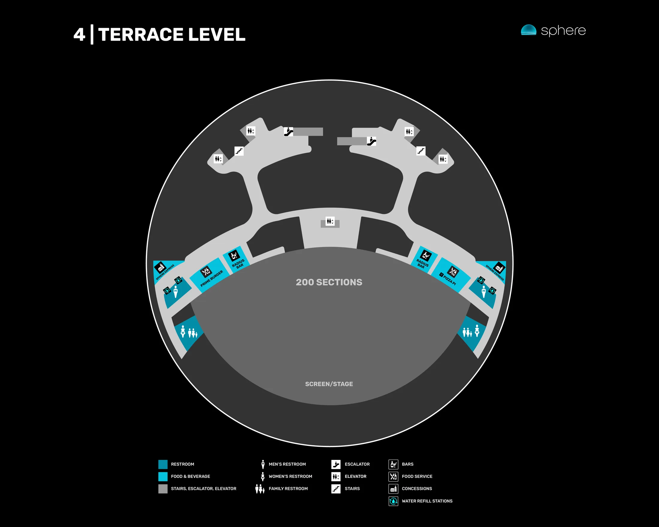 Sphere: Venue layout, Sphere — official Level 4 Terrace amenities plan. Use the original map for routes and visitor facilities.