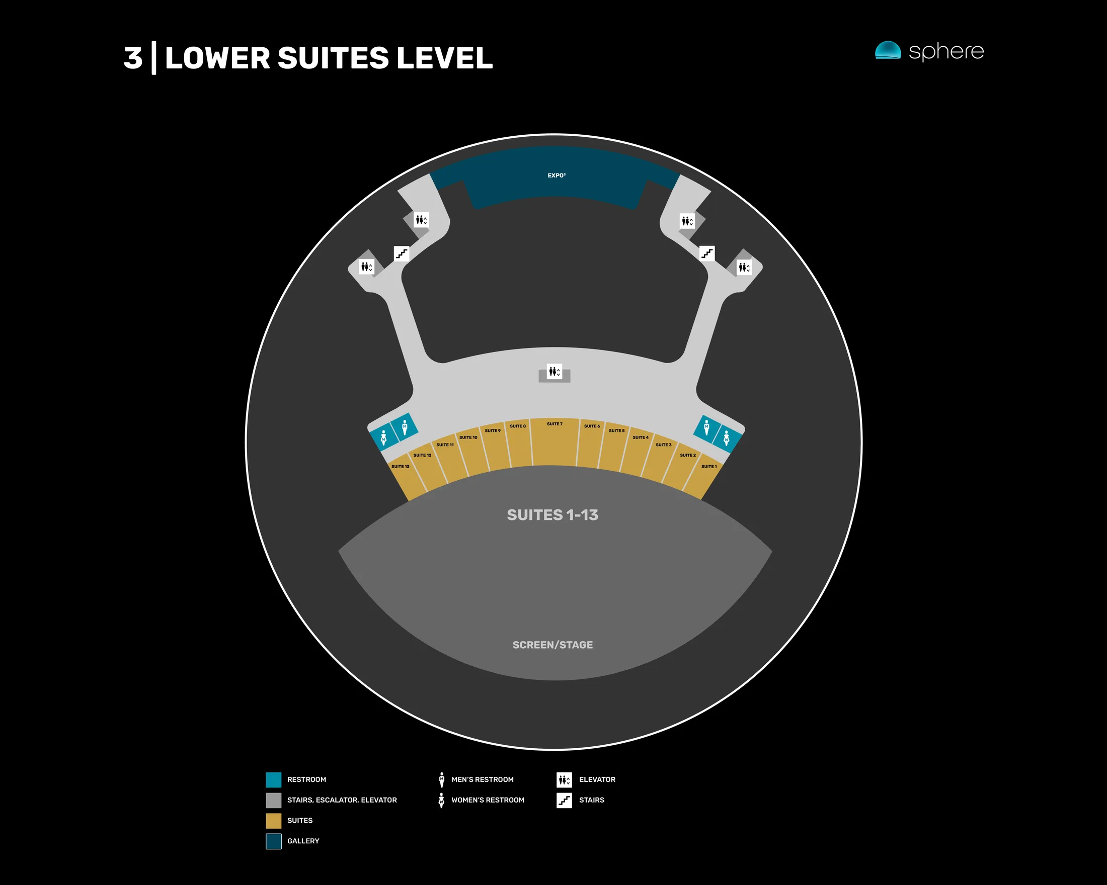 Sphere: Venue layout, Sphere — official Level 3 Lower Suites amenities plan. Use the original map for routes and visitor facilities.