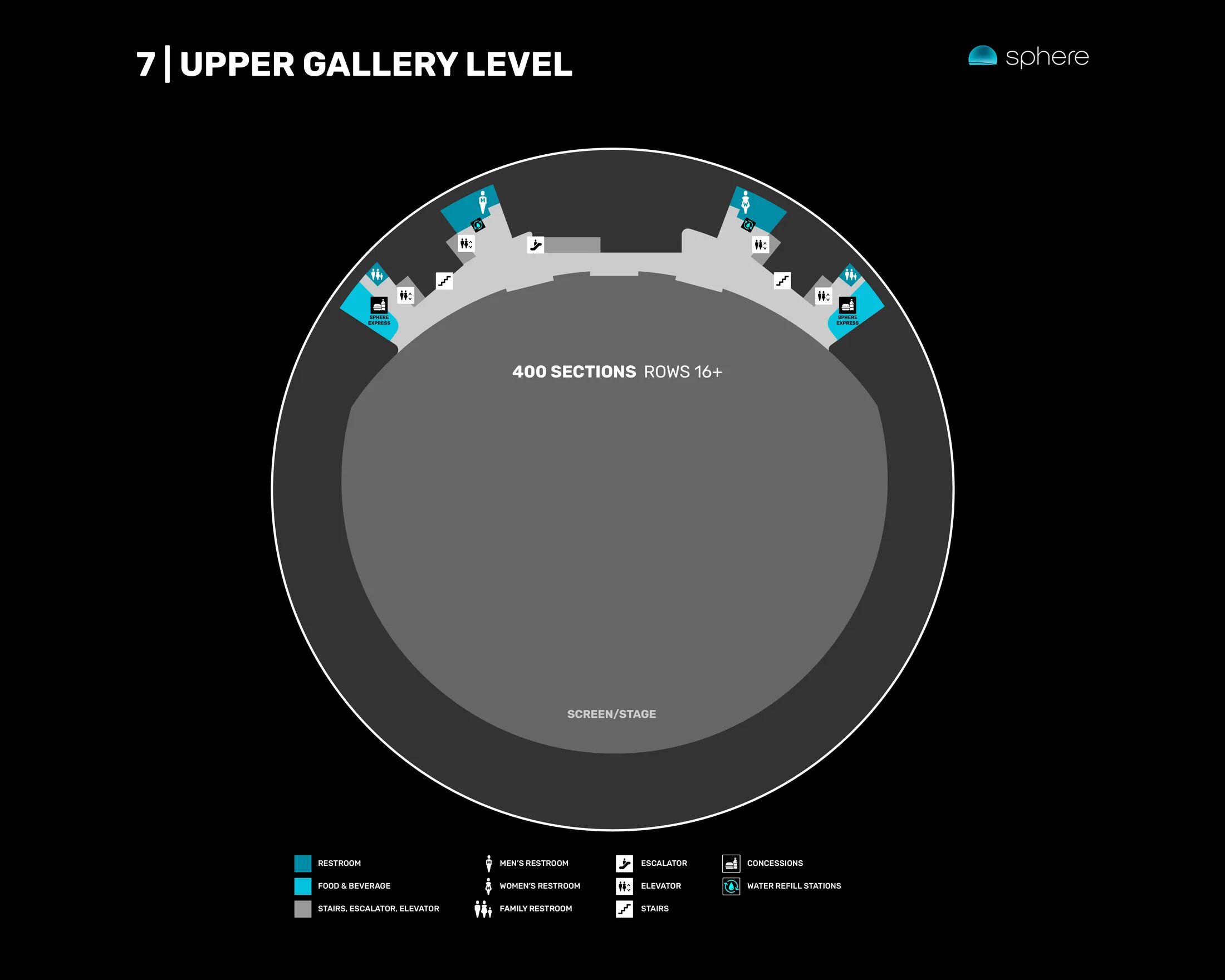 Sphere: Venue layout, Sphere — official Level 7 Upper Gallery amenities plan. Use the original map for routes and visitor facilities.