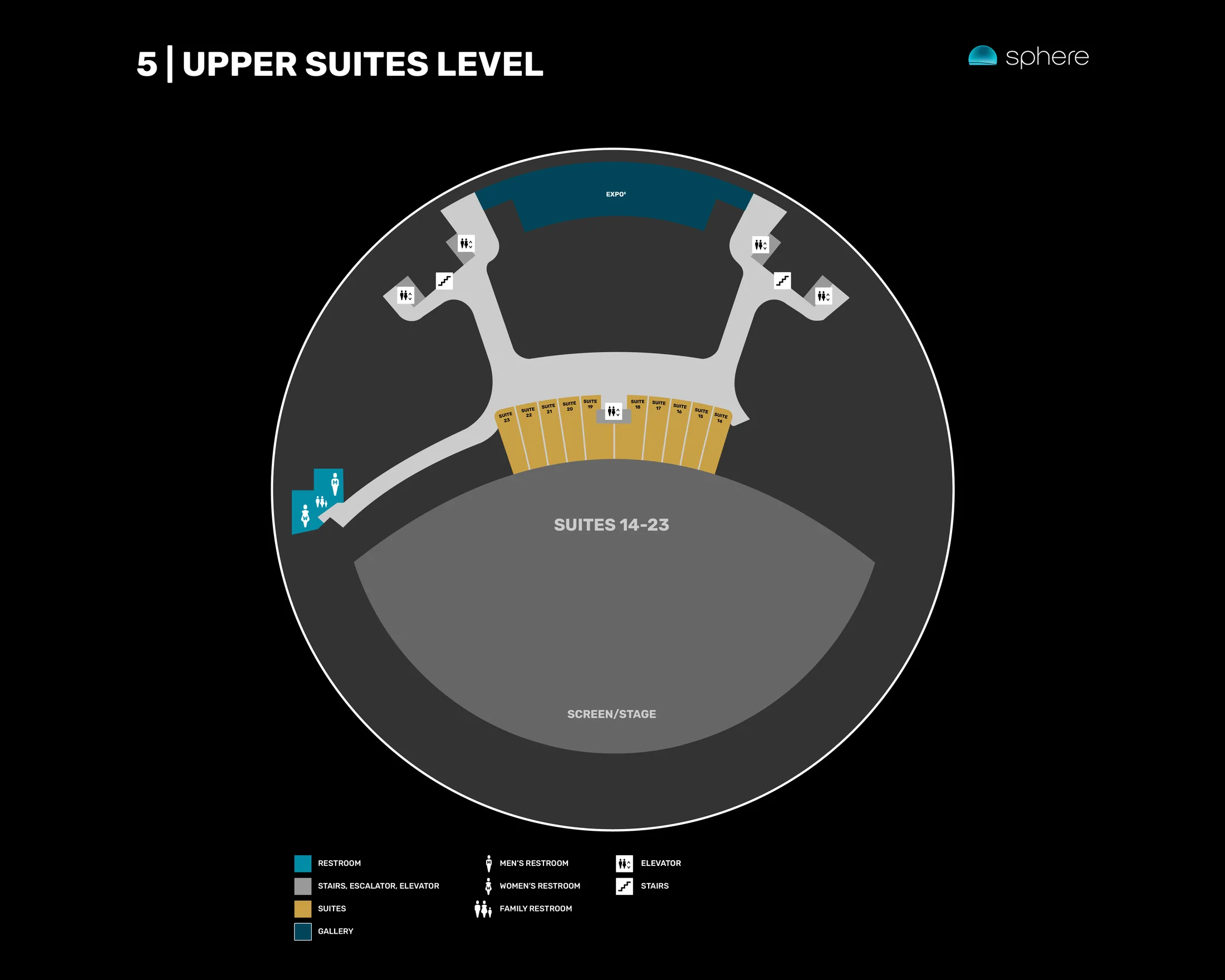 Sphere: Venue layout, Sphere — official Level 5 Upper Suites amenities plan. Use the original map for routes and visitor facilities.