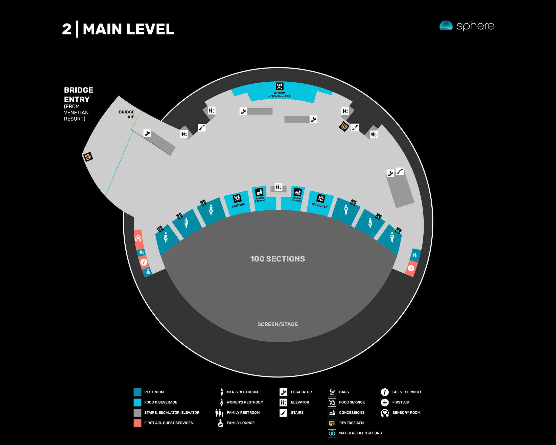 Sphere: Venue layout, Sphere — official Level 2 Main Level amenities plan. Use the original map for routes and visitor facilities.