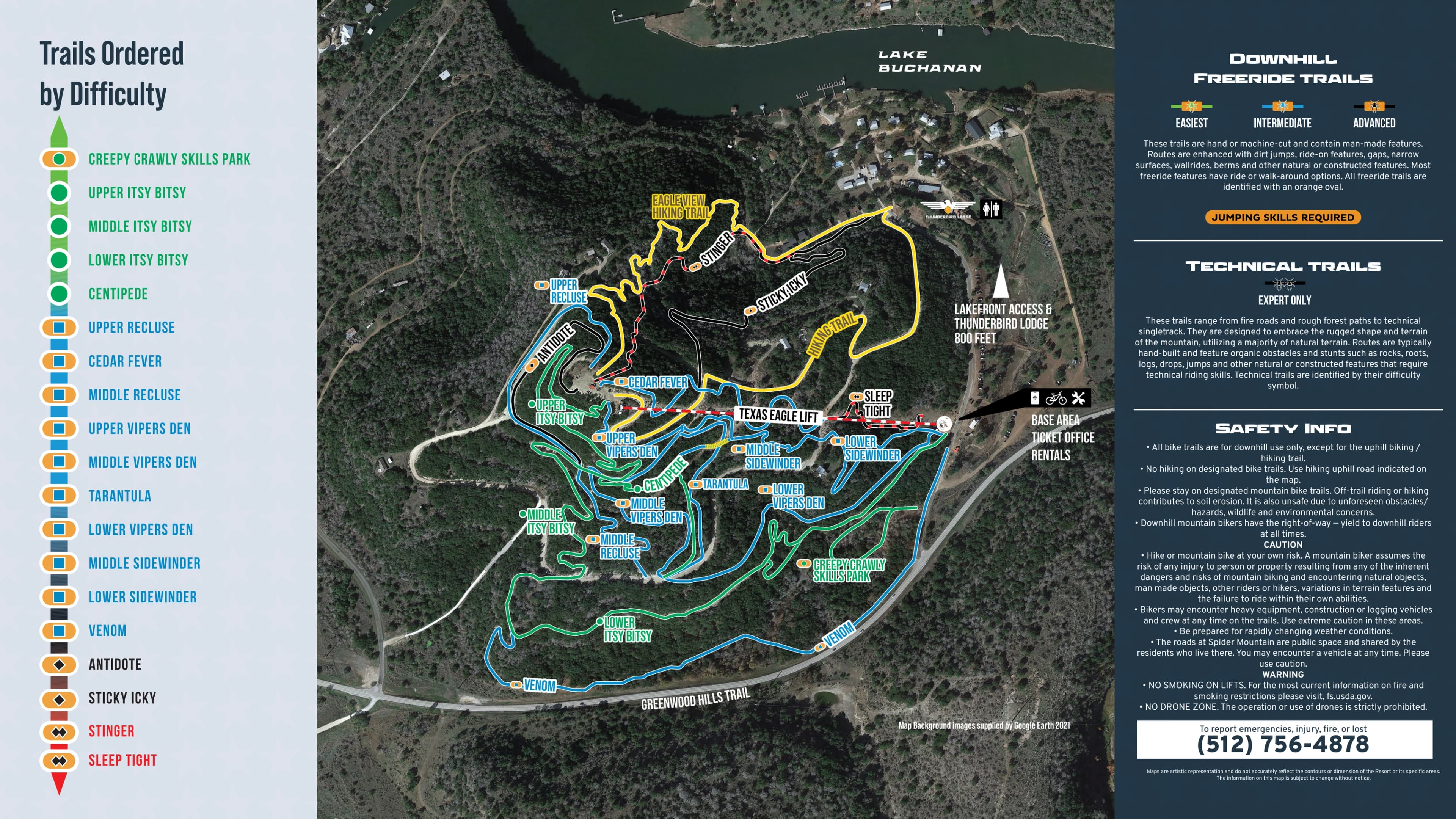 Spider Mountain Bike Park: Venue layout, 2023 trail and base-area map. Use the original map for routes and visitor facilities.