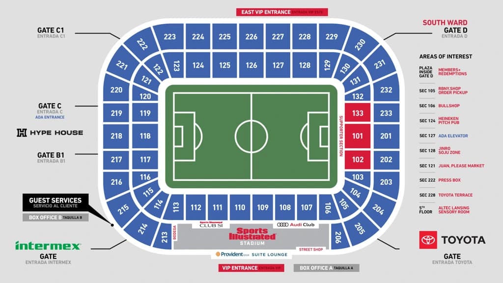Sports Illustrated Stadium: Seating chart, Soccer — New York Red Bulls and Gotham FC. Use the source chart for section and row details.