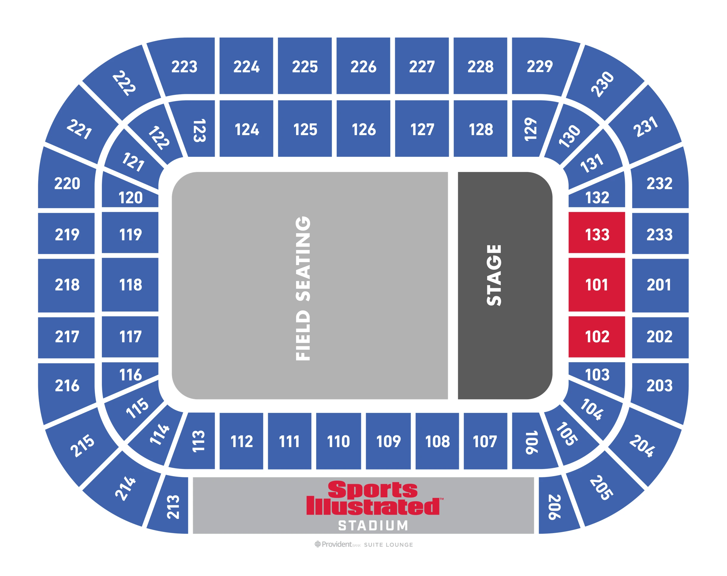 Sports Illustrated Stadium: Seating chart, End-stage concert with field seating. Use the source chart for section and row details.