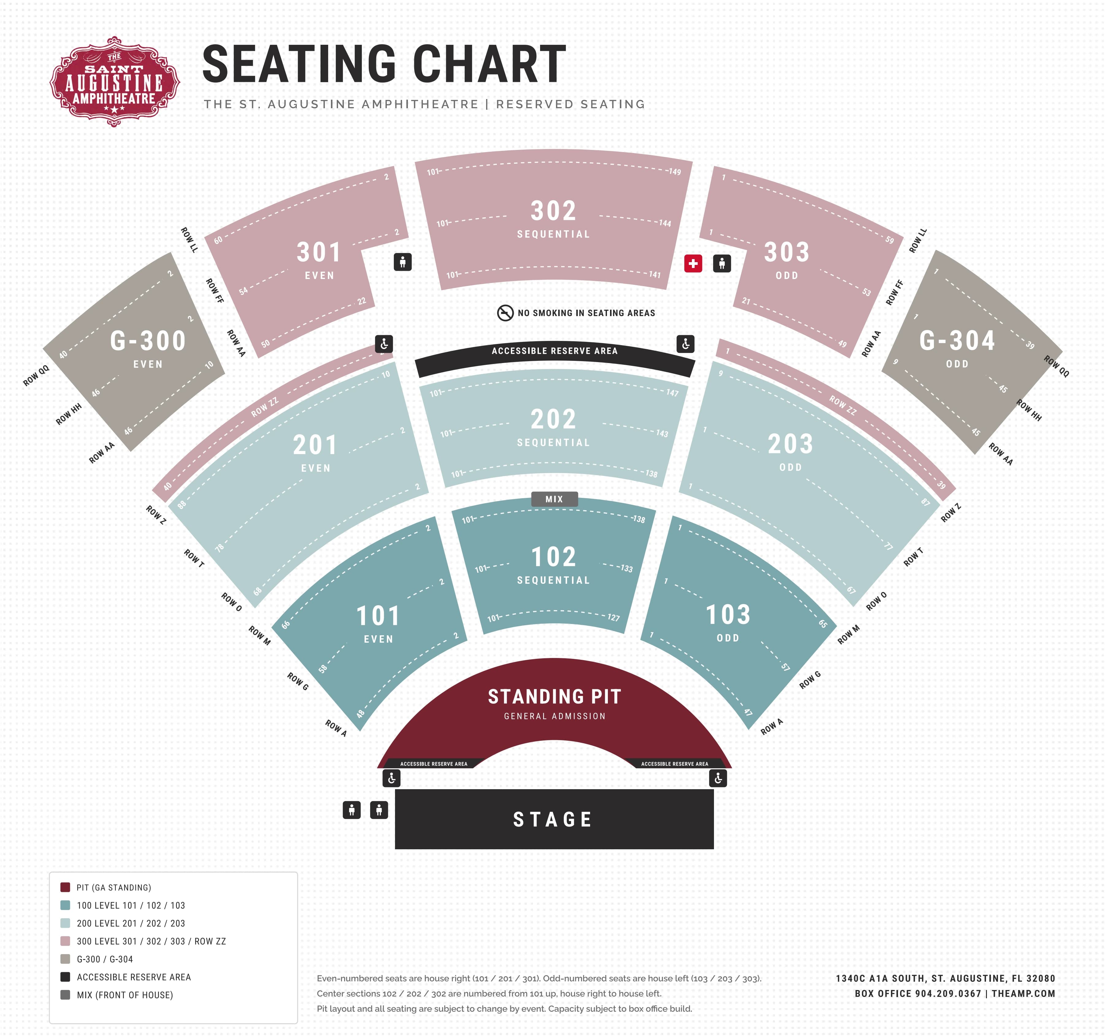 The St. Augustine Amphitheatre: Seating chart, Concerts · standing general-admission pit with reserved 100/200/300 levels. Use the source chart for section and row details.